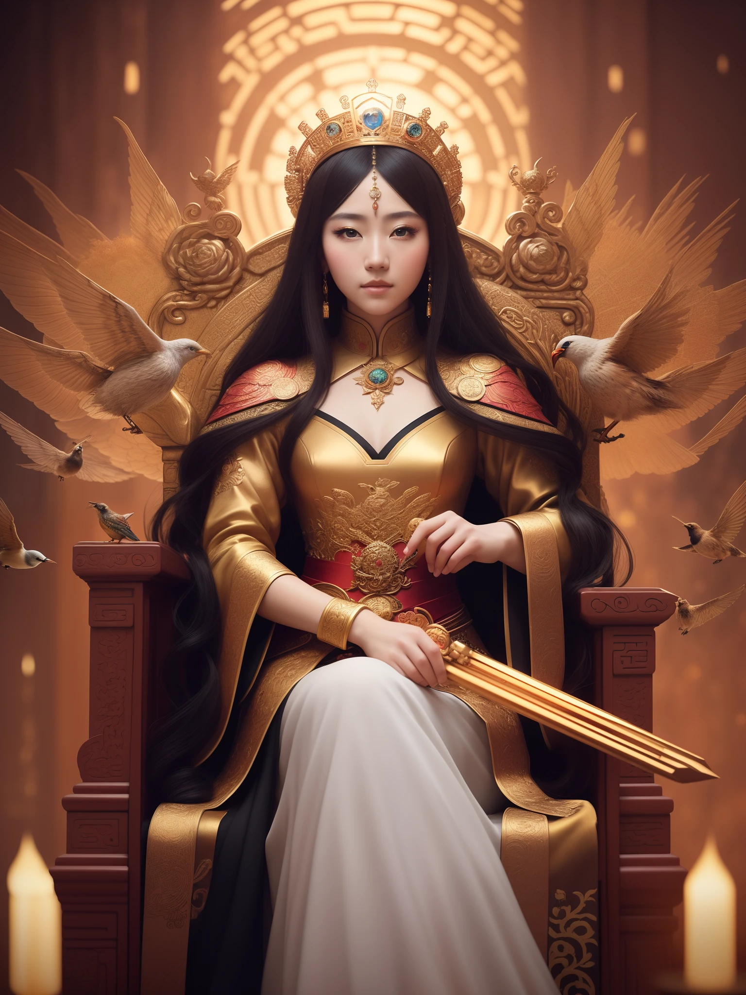 (a beautiful detailed queen, a woman sitting on a throne surrounded by many birds, a mesmerizing fantasy scene, a trending artwork on CGSTATION, a Chinese fantasy theme, an artwork in the style of Gustav Klimt, a fantasy art style, the best art station for fan art, a 2.5D CGI anime fantasy art piece, a masterpiece by artist Yang J, a full-body immortals and martial arts theme, a masterpiece inspired by Gustav Klimt) (best quality,4k,8k,highres,masterpiece:1.2), ultra-detailed, (realistic,photorealistic,photo-realistic:1.37), HDR, UHD, studio lighting, ultra-fine painting, sharp focus, physically-based rendering, extreme detail description, professional, vivid colors, bokeh, portraits, landscape, horror, anime, sci-fi, photography, concept artists, vibrant color tones, soft warm lighting