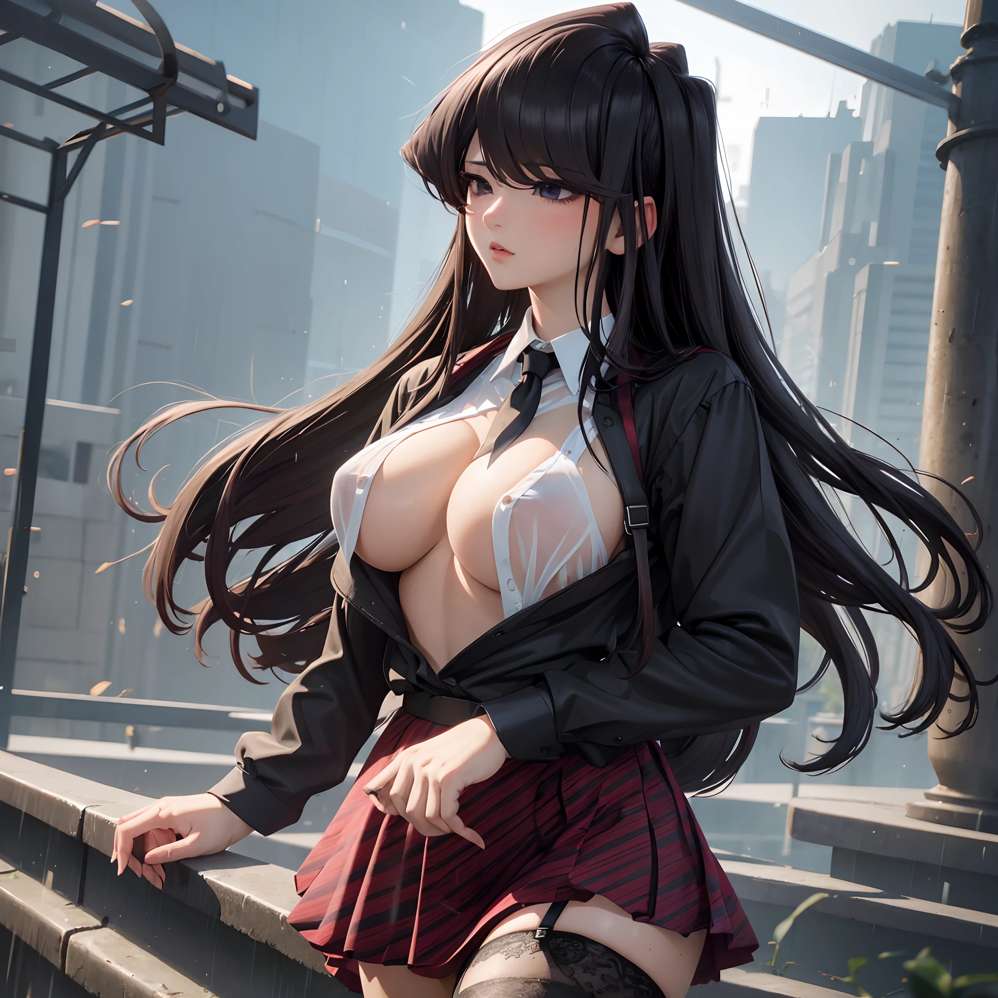 Masterpiece, best quality, highres, highly detailed, 1 girl, long hair, black hair, lavender eyes, large breast, unbottened shirt, black bra, brown pencil skirt, black stocking with garter belt,outdoor, light rain, she wet, nipple perked out from under shirt,