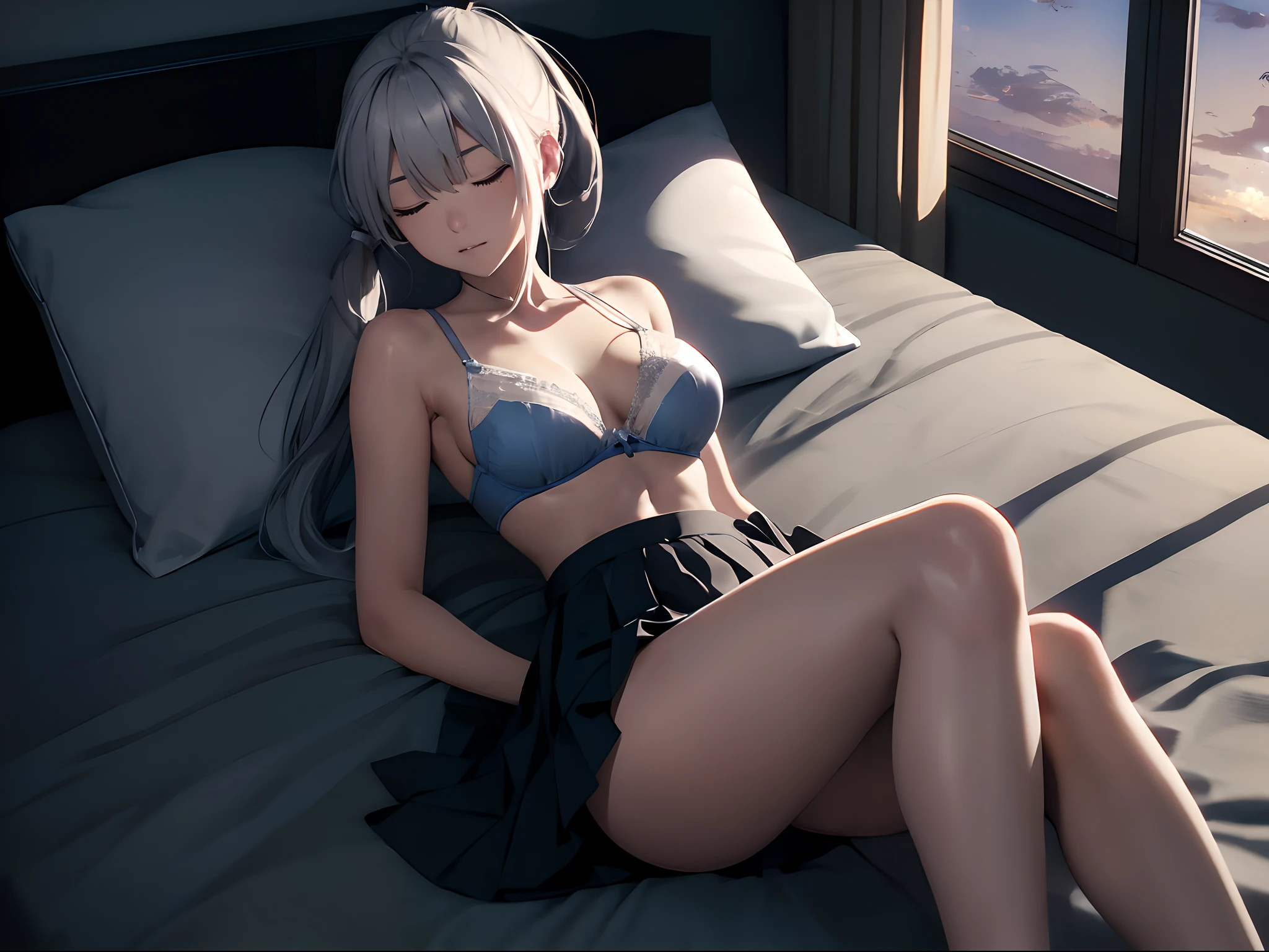 Silver-haired high school student、boredom、Short ponytail、poneyTail、、skirt by the、(sleep、eye closed、Slightly open mouth、ignore、Hand in hand on the pillow、limp、Beautiful leg line beauty、Well-proportioned body、Detailed skin、nabel、beutiful breast、White bra、nabel、Legs open、pantiy)、Beautiful legs、Bedrooms、