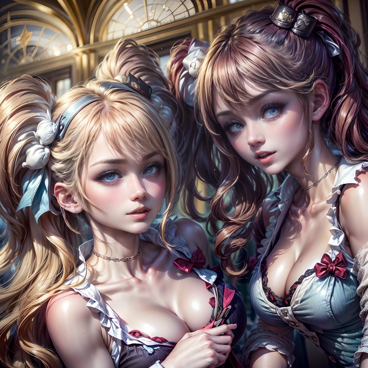 (2 young girls:1.3), Super beautiful detailed face, Staring at me, Open mouth slightly, shyly smile, Multiple girls, Raw photo, (Best Quality:1.2), masutepiece, 8K, high details, hight resolution, With the highest quality, High-definition raw color photos, professional photograpy, Cinematic Light, (Fine face:1.2), (Beautiful breasts:1.2), (Summer high school uniform with wide open chest:1.3), Beautiful breasts, girl portrait, outside of house, (Cinderella's Castle:1.5), (View from below:1.2),