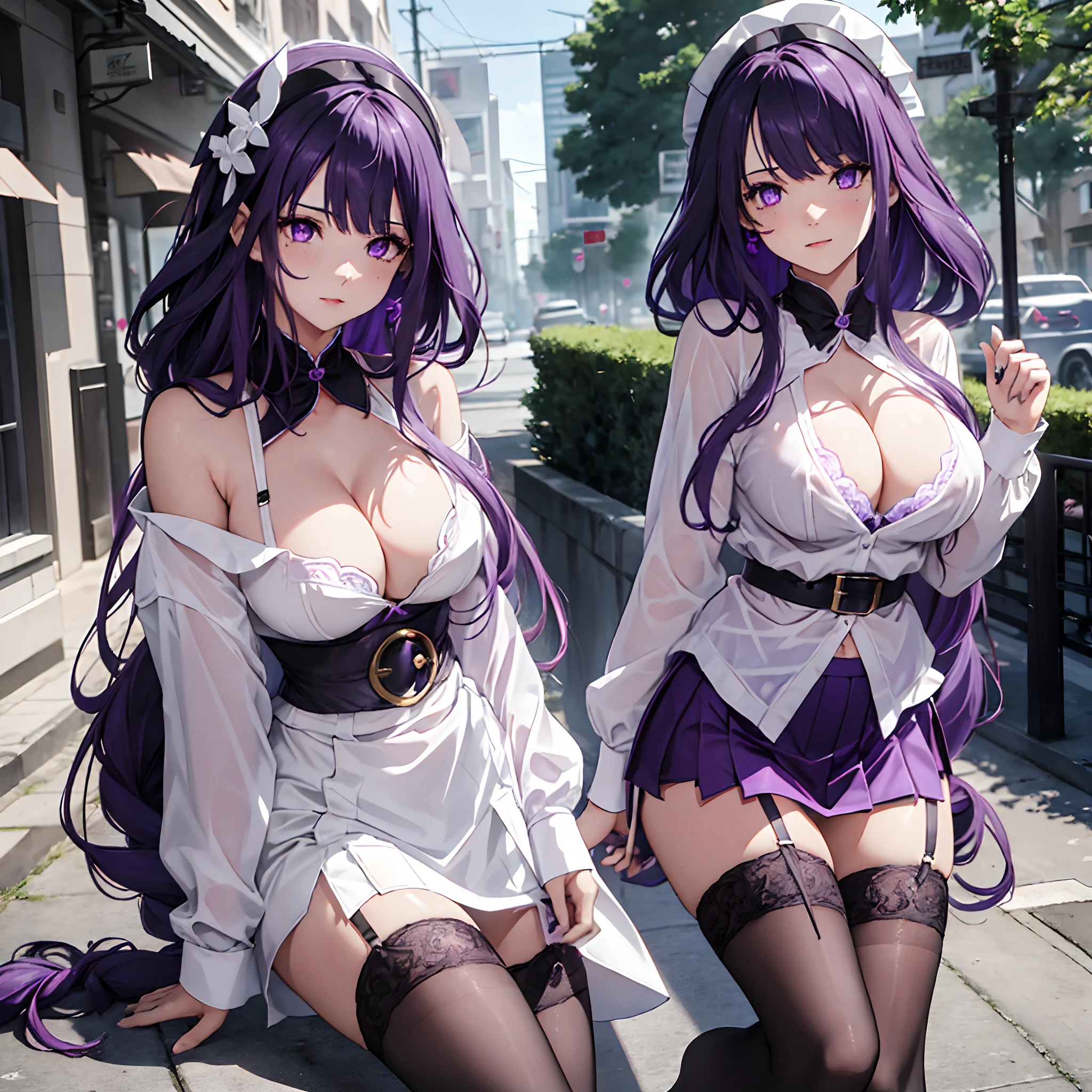 1 girl, long purple hair, purple eyes, large breast, white sleevess shirt, black bra, white skirt, black panties, garterbelt with black stocking, outdoor, nipple perked out from under shirt,