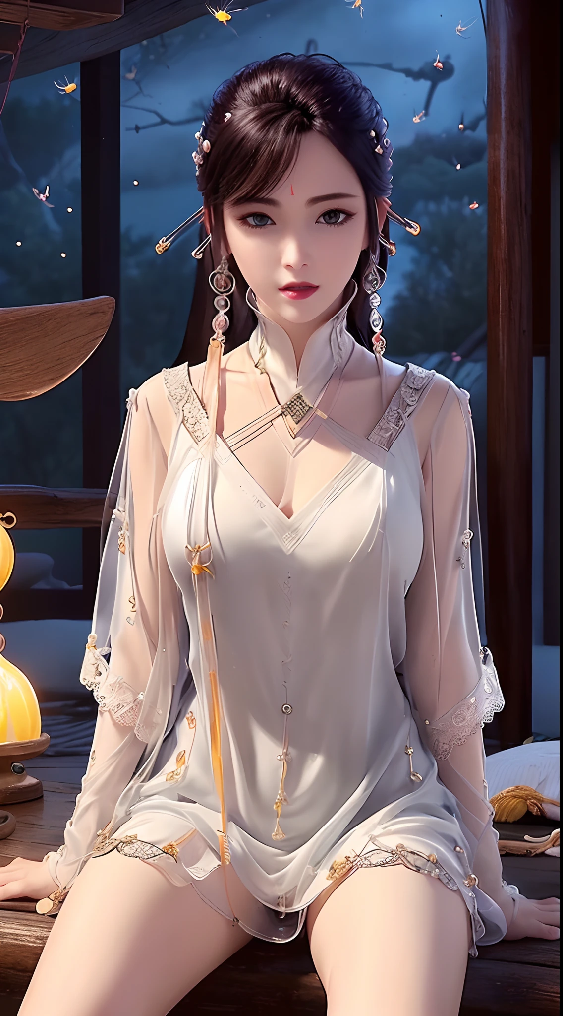 1 beautiful and sexy 20 year old girl, ((wearing a transparent silver nightgown with sexy white lace trim:1.7)), (((Transparent nightgown can see each part of the sexy girl's body:1.7))), ((a dress with diamonds:1.7)), ((long black hair:1.6)), jewelry elaborately made from precious stones and beautiful hair, the noble, noble style of an extremely beautiful girl, her small face is super cute, her face is very pretty, thin eyebrows, flawless beautiful face, ((black eye pupils: 0.8)), very beautiful eyes, ((silver eyes: 1.6)), (((big round eyes:1.6))), nice makeup and hair detailed eyelashes, steamy eye makeup, high nose, earrings, red lips, ((closed mouth: 1.5)) beautiful lips, slim hands, most beautiful thighs, ((arms spread out to the sides: 1.5)), rosy face, clean face, flawless beautiful face, smooth white skin, (big breasts: 1.5)), ((high breasts: 1.6)), tight breasts, beautiful cleavage, (((big breasts and super round: 1.8))), ((super tight breasts: 1.7)) , beautiful breasts, perfect body, back arms, chest out, ((sitting position with chest up and arms behind: 1.6)), ((open your legs:1.2)), don't be shy, 8k photo, super high quality, super realistic, super 10x pixels, optical, bright studio, bright edges, dual-tone lighting, (high-detail skin:1.2), super 8k, soft lighting, high quality, volumetric lighting, photorealistic, photorealistic high resolution, lighting, best photo, 4k, 8k quality, blur effect, smooth sharp, 10 x pixel, ((Beach at night and fireflies background:1.5)), aurora, lightning, super graphics realistic, most realistic graphics, 1 girl, alone, solo, Extremely sharp image, surreal, (((frontal portrait: 1.5)))."