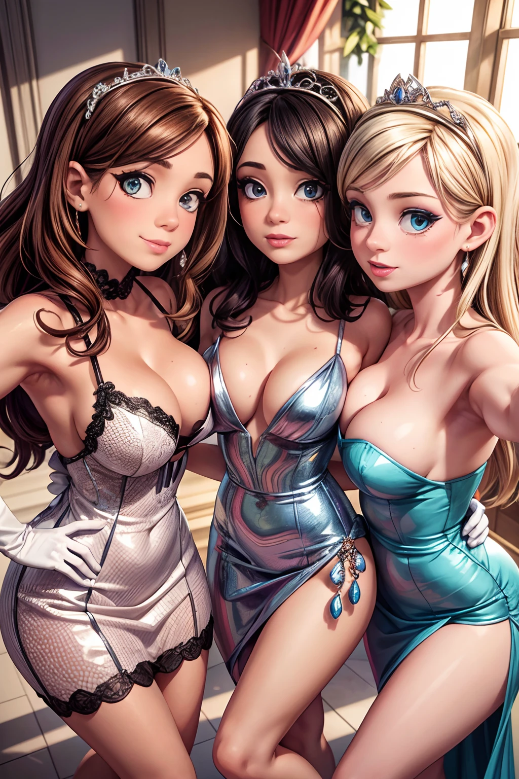 Three women, in colorful formal evening gowns posing in front of a window, selfie, large breasts, random hair styles, elegant makeup, tiara, white gloves, dainty, beautiful, perfect skin, 8k resolution, perfect lighting, perfect face, perfect shading, extreme detail, cocktail dress, shining, from above, group hug, taking selfie with smartphone:1.5