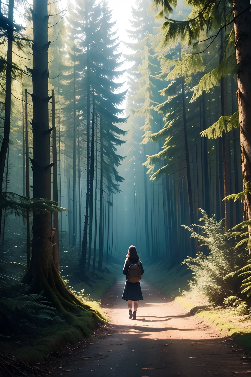 A girl walking alone in the deep forest