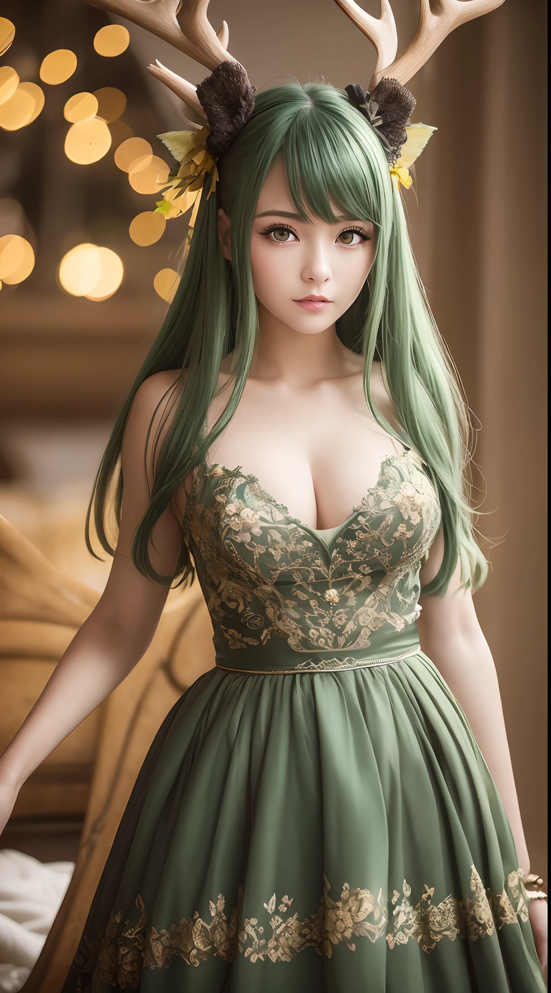 High-quality graphics,tmasterpiece,Bokeh,Green-haired beauty,Yellow vertical pupils,deer antlers,Maid decoration,Soft lighting,stooped,Playful,Sharp focus,Ultra-detailed,Portrait,landscape,Vivid colors,Soft lighting