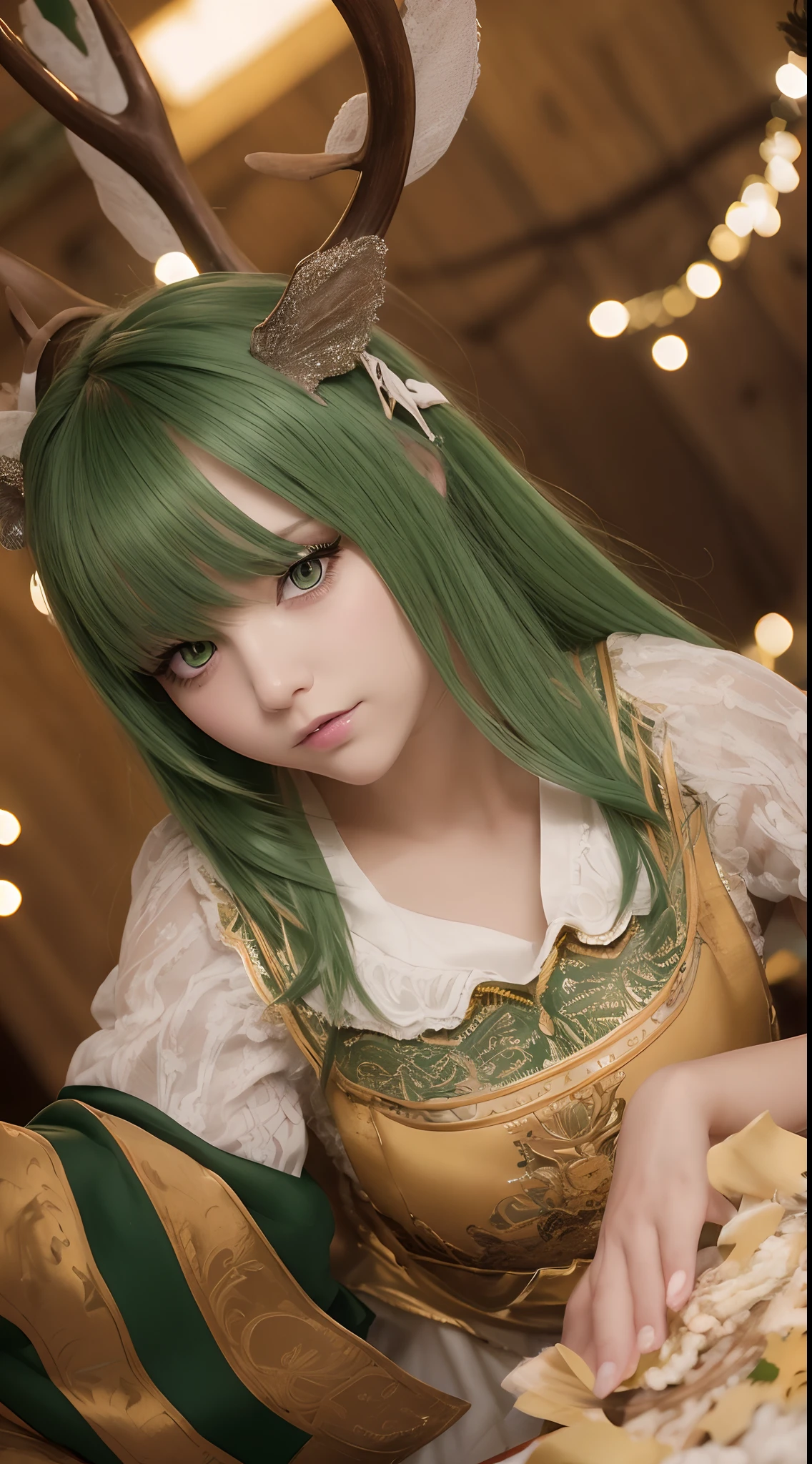 High-quality graphics,tmasterpiece,Bokeh,Green-haired beauty,Yellow vertical pupils,deer antlers,Maid decoration,Soft lighting,stooped,Playful,Sharp focus,Ultra-detailed,Portrait,landscape,Vivid colors,Soft lighting