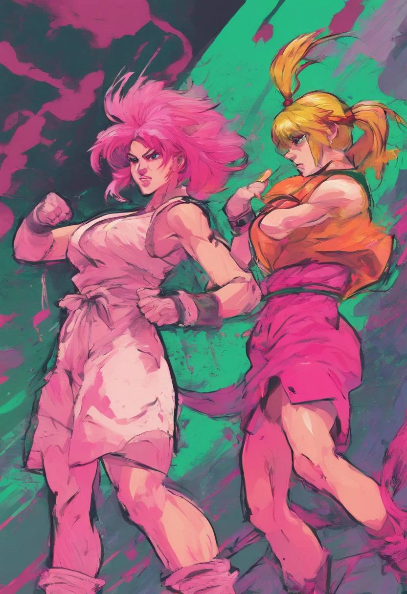 Pink girl and green hair girl,(Fighting stance,Face punch),Face to face,angry,Facing each other，Street Fighter 2、Cross Counter Rocky 2