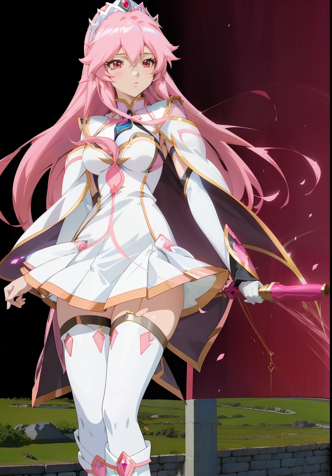 Anime girl wearing white dress,Long pink hair and a sword, Anime goddess, Freya, Kushatt Krenz Key Art Women, offcial art, official character art, full portrait of elementalist,, rei hino as a princess, alchemist girl, the wallpaper!, Official anime artwork, female anime character, Female action anime girl