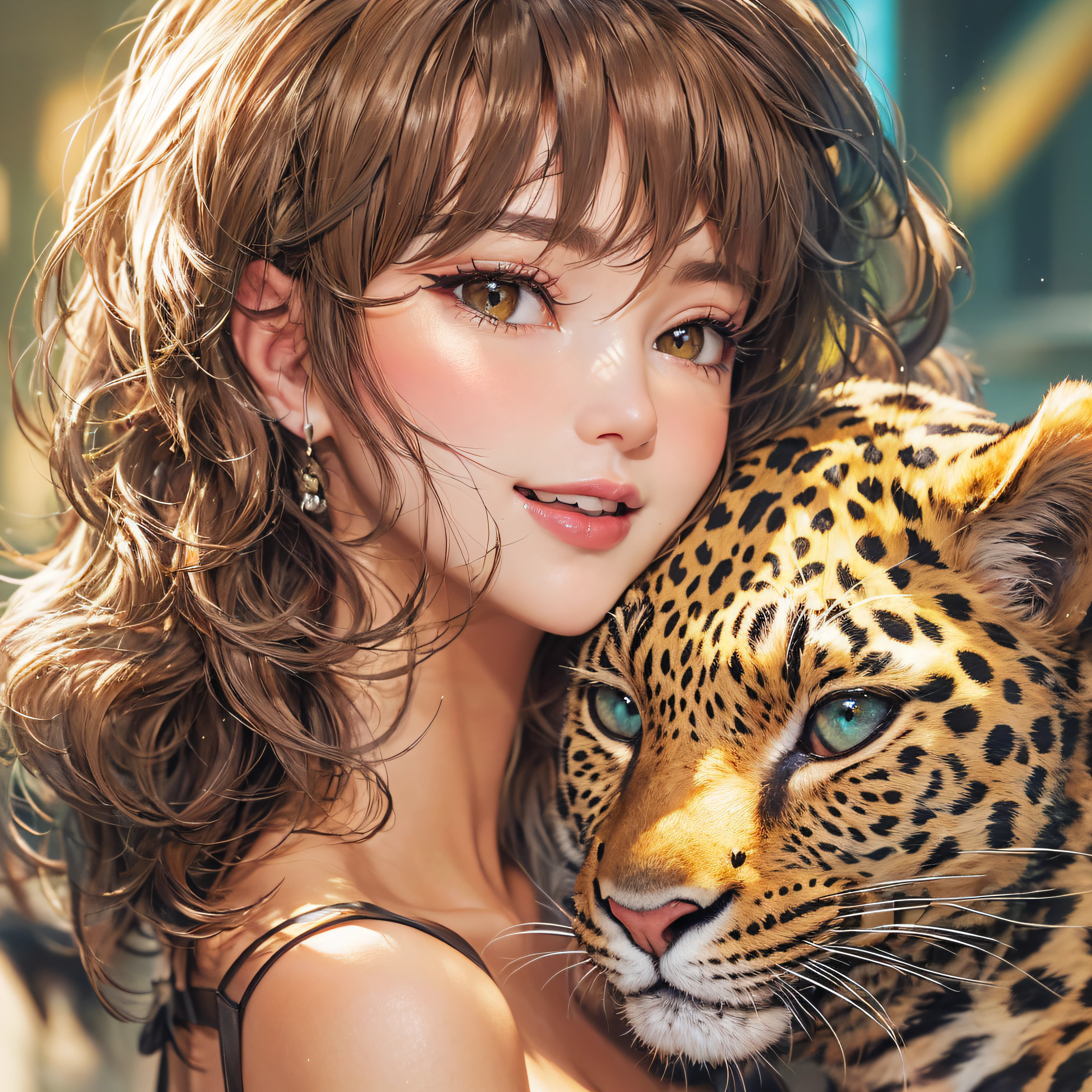 Close-up of laughing face、Leopard print camisole、Leopard print camisole、short-hair、Facing the front、super model、leopard print makeup、Glossy lips、Shining eyes、(realisitic、hight resolution)、(1 girl in)、Do-Up Eye、Korean Girl、(Best Quality), (masutepiece), (1girl in), Solo, a beauty girl, Perfect face, Highly detailed airbrush art((Surreal))、Volumetric lighting、(top-quality)、The ultra-detailliert、Highly detailed colorful details、(Bright lighting)、Her eyes are shining with leopard prints、Her face is full of anticipation and courage for adventure.、A smile comes to her lips、An air full of smiles and adventurous spirit、Leopard handle、Leopard handle、Leopard print camisole、