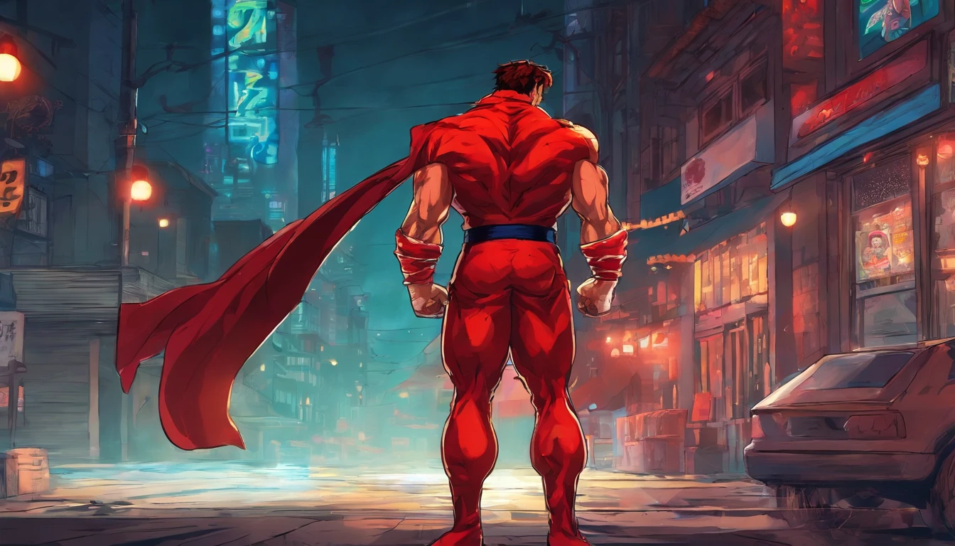 A male superhero in red costume, standing in the building at night lights,back shot