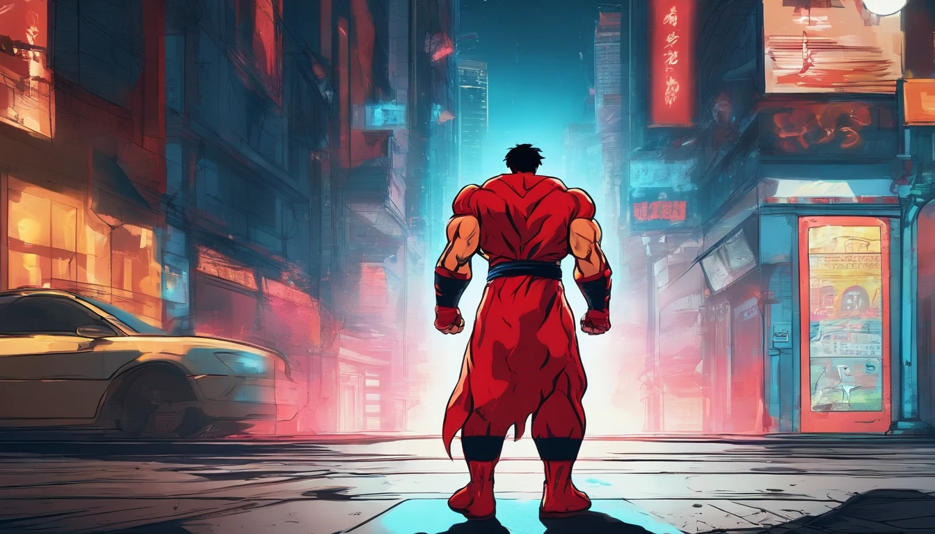 A male superhero in red costume, standing in the building at night lights,back shot
