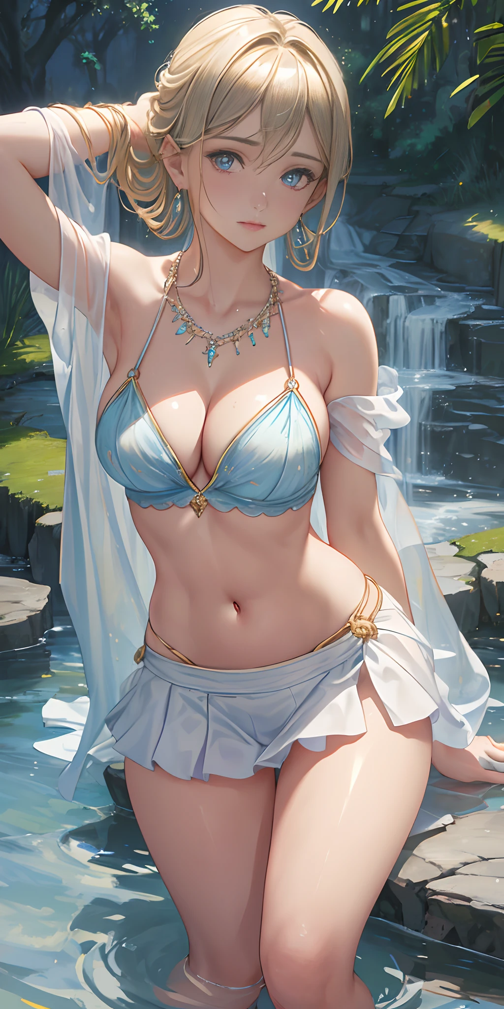 Waterland, bend at the waist, bend down and look at viewer, (photorealistic:1.4), (masterpiece, front lighting, finely detailed beautiful eyes: 1.2), masterpiece*portrait, realistic, 3d face, glowing eyes, shiny hair, lustrous skin, solo, embarrassed, (midriff), absolute_cleavage, necklace, sapphire_earrings
