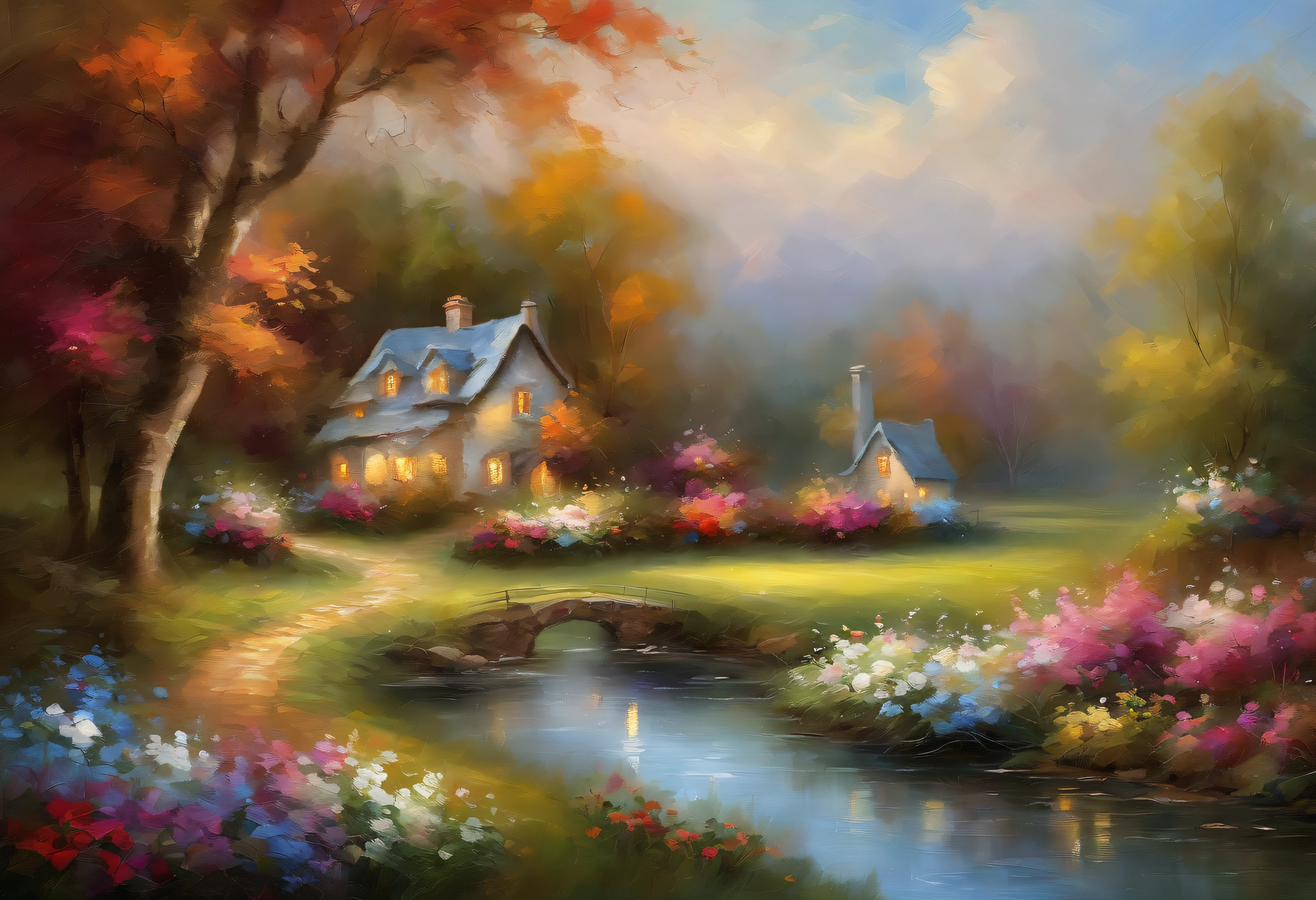 Realistic, authentic, a cottage under the tree, beside the stream,a boat in water, fence and flowers along the road, flowers, beautiful and amazing landscape oil painting Studio Thomas Kinkade #39;s petal grassland with blue sky and white clouds --v6