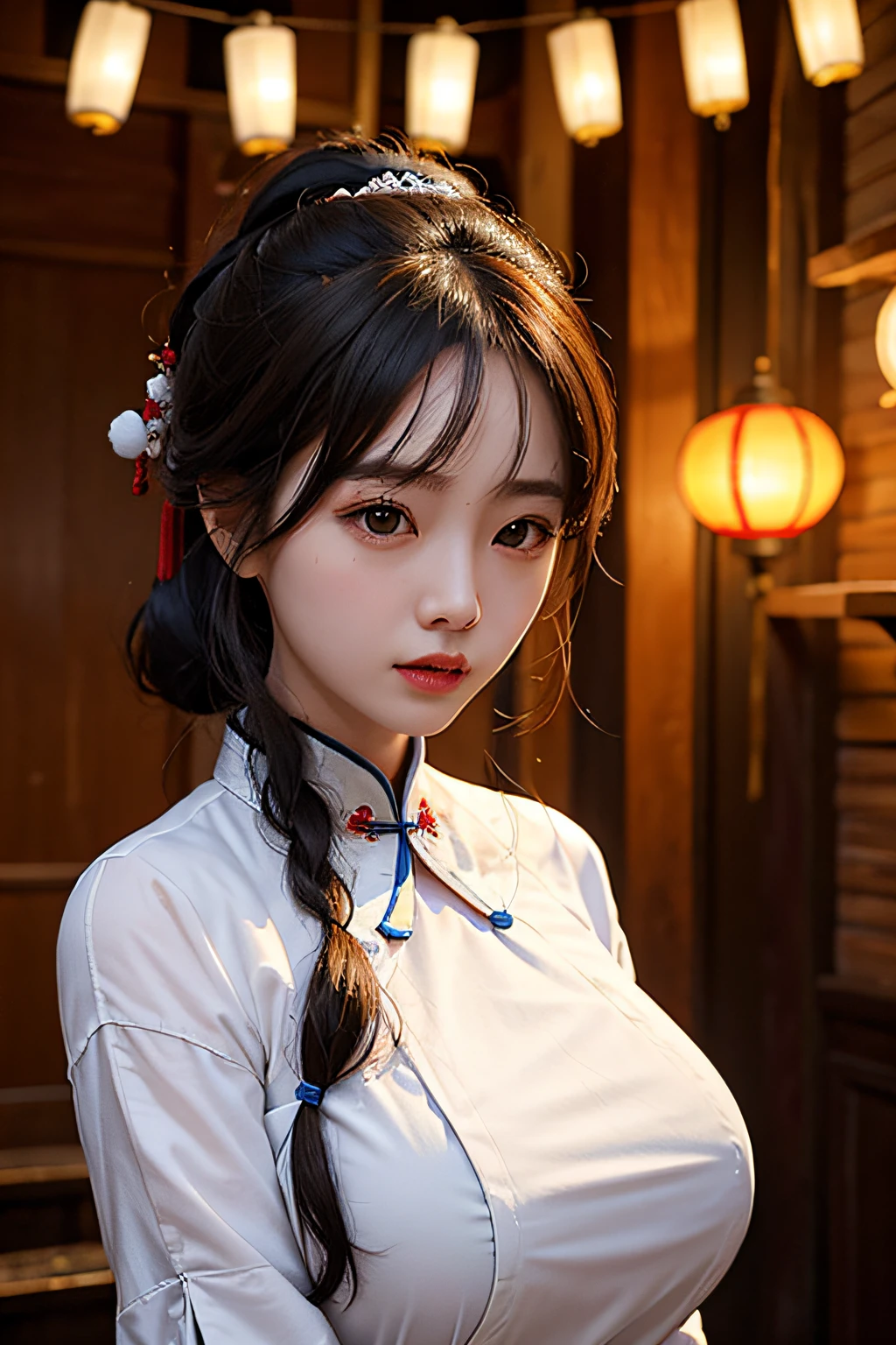 1girl, in china old houses, lantern lights, soft lights, upper body,close-up, 8k, RAW photo, best quality, masterpiece,realistic, photo-realistic, big tits, cheungsam, qipao,