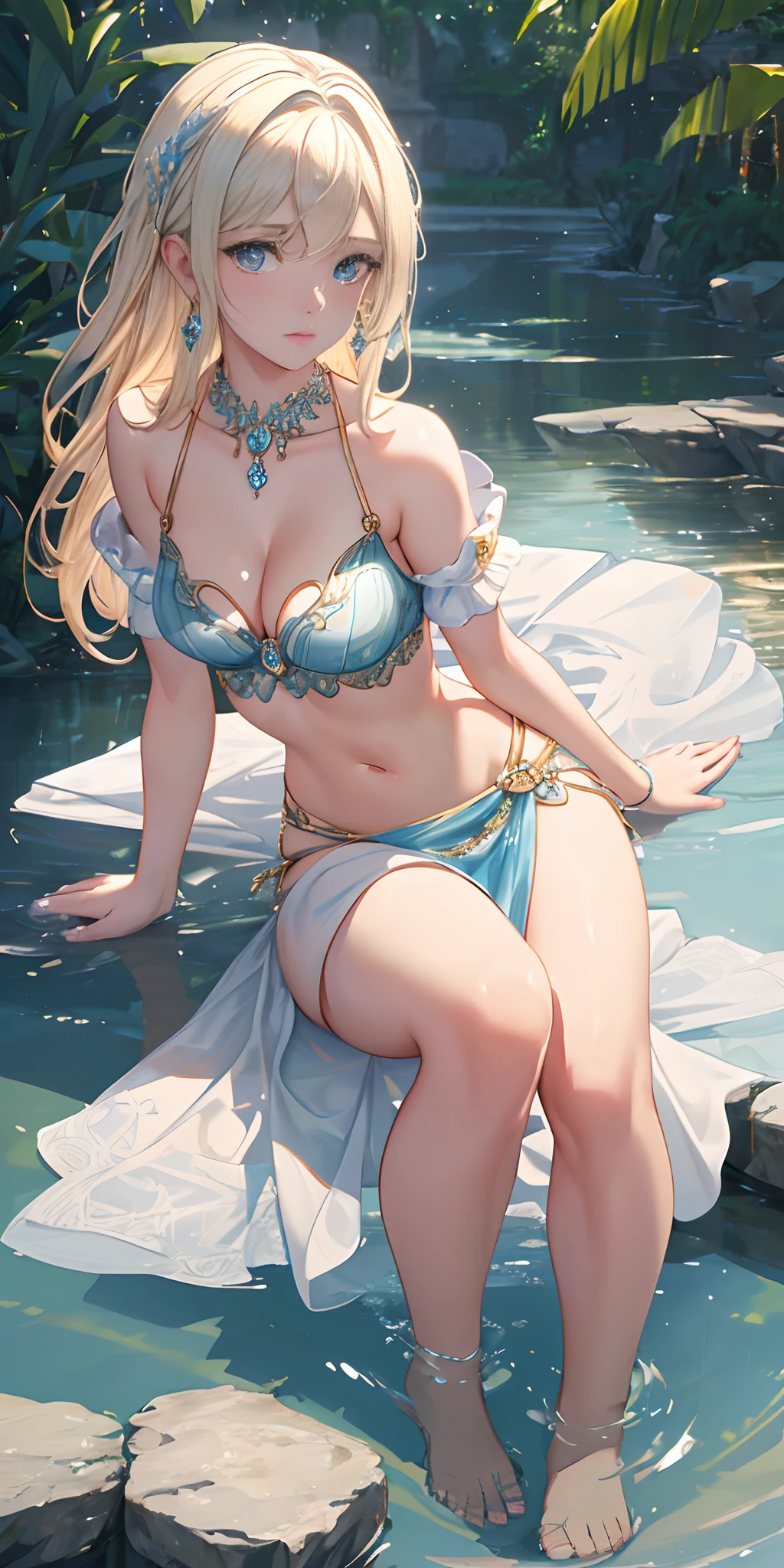 Waterland, bend at the waist, bend down and look at viewer, (photorealistic:1.4), (masterpiece, front lighting, finely detailed beautiful eyes: 1.2), masterpiece*portrait, realistic, 3d face, glowing eyes, shiny hair, lustrous skin, solo, embarrassed, (midriff), absolute_cleavage, necklace, sapphire_earrings