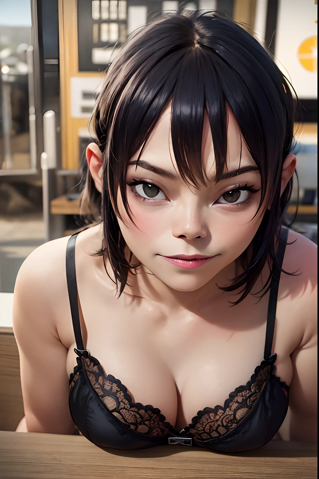 (masterpiece, best quality:1.2), noodle (gorillaz), black hair, 1girl, black eyes, bangs, bangs covering eyes, parted lips, breasts, small breasts, bob cut, absurdres, highres, 4k, ray tracing, perfect face, perfect eyes, intricate details, highly detailed, top-quality, masterpiece, best quality, (photorealistic:1.4), ramen shop, full body shot, a photo of a beautiful woman, skinny, big eyes, detailed face, perfect face, smiling, sunny, green lingerie, sexy lingerie, garter belt, thighhighs, thong,
