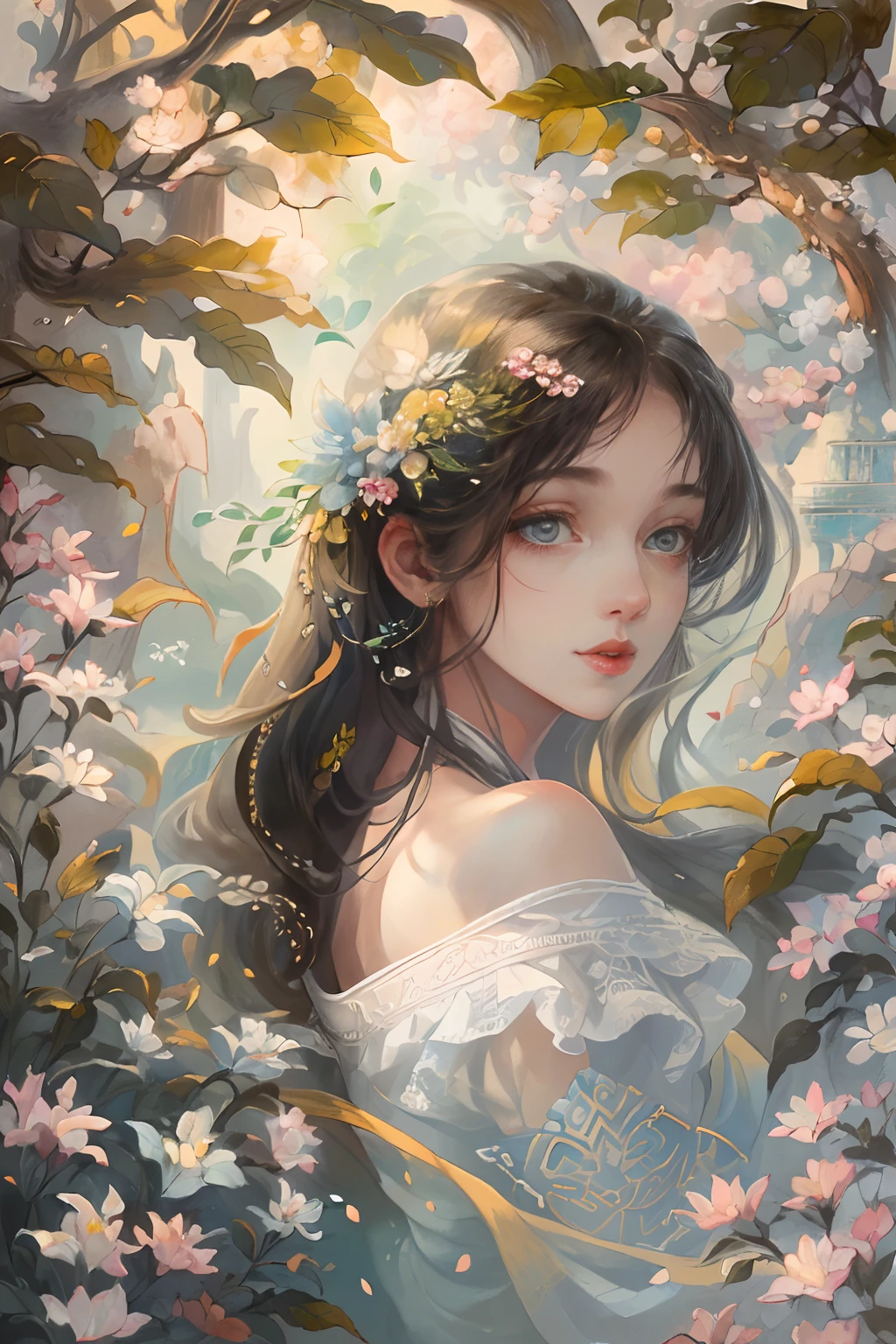 A girl standing in a beautiful garden, Surrounded by vibrant jasmine plants and jasmine petals floating in the air. The scenery is picturesque, A tranquil river flows beside the winding road. The girl has charming and delicate eyes, Long eyelashes enhance her beauty. Her lips are also beautiful, Adds to her elegant appearance。。。. The artwork is of the highest quality, The resolution is 8K, Provides ultra-detailed and realistic depictions. The colors are vivid and vibrant, Add depth and life to your images. The overall style of the illustration is reminiscent of a masterpiece, Showcase intricate details and craftsmanship. The lighting in the scene is soft and soft, creating a warm and inviting atmosphere.