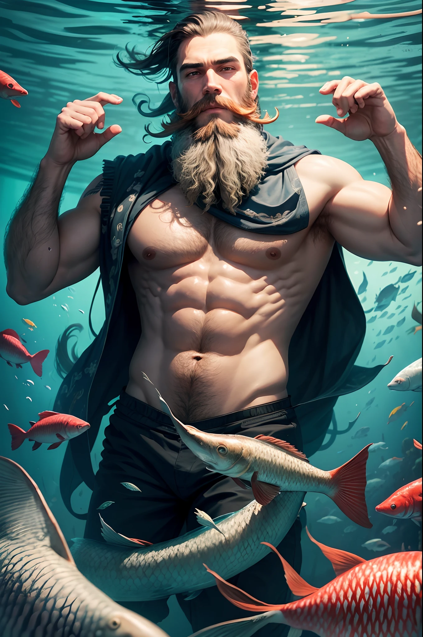 A man with long beard, swimming underwater, a lot of fishes,