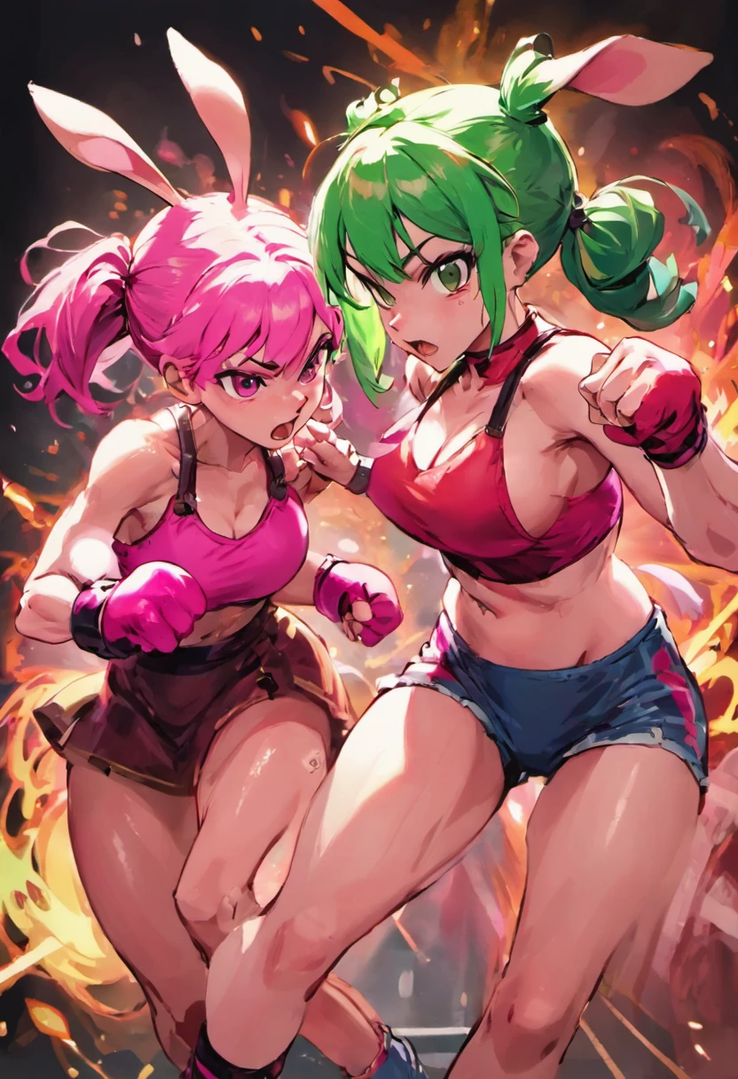 Pink rabbit girl and green hair girl,(Fighting stance,Face punch),Face to face,angry,Facing each other,Street Fighter 2、Cross Counter Rocky 2