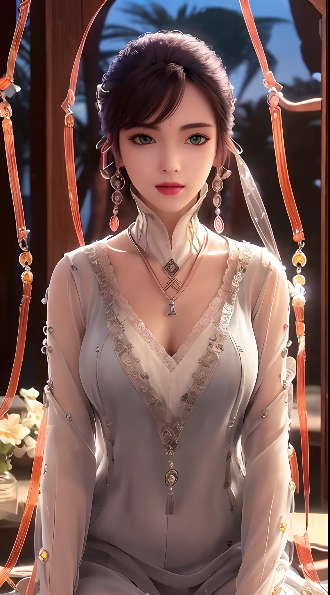 1 beautiful and sexy 20 year old girl, ((wearing a transparent silver nightgown with sexy white lace trim:1.7)), (((Transparent nightgown can see each part of the sexy girl's body:1.7))), ((a dress with diamonds:1.7)), ((long black hair:1.6)), jewelry elaborately made from precious stones and beautiful hair, the noble, noble style of an extremely beautiful girl, her small face is super cute, her face is very pretty, thin eyebrows, flawless beautiful face, ((black eye pupils: 0.8)), very beautiful eyes, ((silver eyes: 1.6)), (((big round eyes:1.6))), nice makeup and hair detailed eyelashes, steamy eye makeup, high nose, earrings, red lips, ((closed mouth: 1.5)) beautiful lips, slim hands, most beautiful thighs, ((arms spread out to the sides: 1.5)), rosy face, clean face, flawless beautiful face, smooth white skin, (big breasts: 1.5)), ((high breasts: 1.6)), tight breasts, beautiful cleavage, (((big breasts and super round: 1.8))), ((super tight breasts: 1.7)) , beautiful breasts, perfect body, back arms, chest out, ((sitting position with chest up and arms behind: 1.6)), ((open your legs:1.2)), don't be shy, 8k photo, super high quality, super realistic, super 10x pixels, optical, bright studio, bright edges, dual-tone lighting, (high-detail skin:1.2), super 8k, soft lighting, high quality, volumetric lighting, photorealistic, photorealistic high resolution, lighting, best photo, 4k, 8k quality, blur effect, smooth sharp, 10 x pixel, ((Beach at night and fireflies background:1.5)), aurora, lightning, super graphics realistic, most realistic graphics, 1 girl, alone, solo, Extremely sharp image, surreal, (((frontal portrait: 1.5)))."