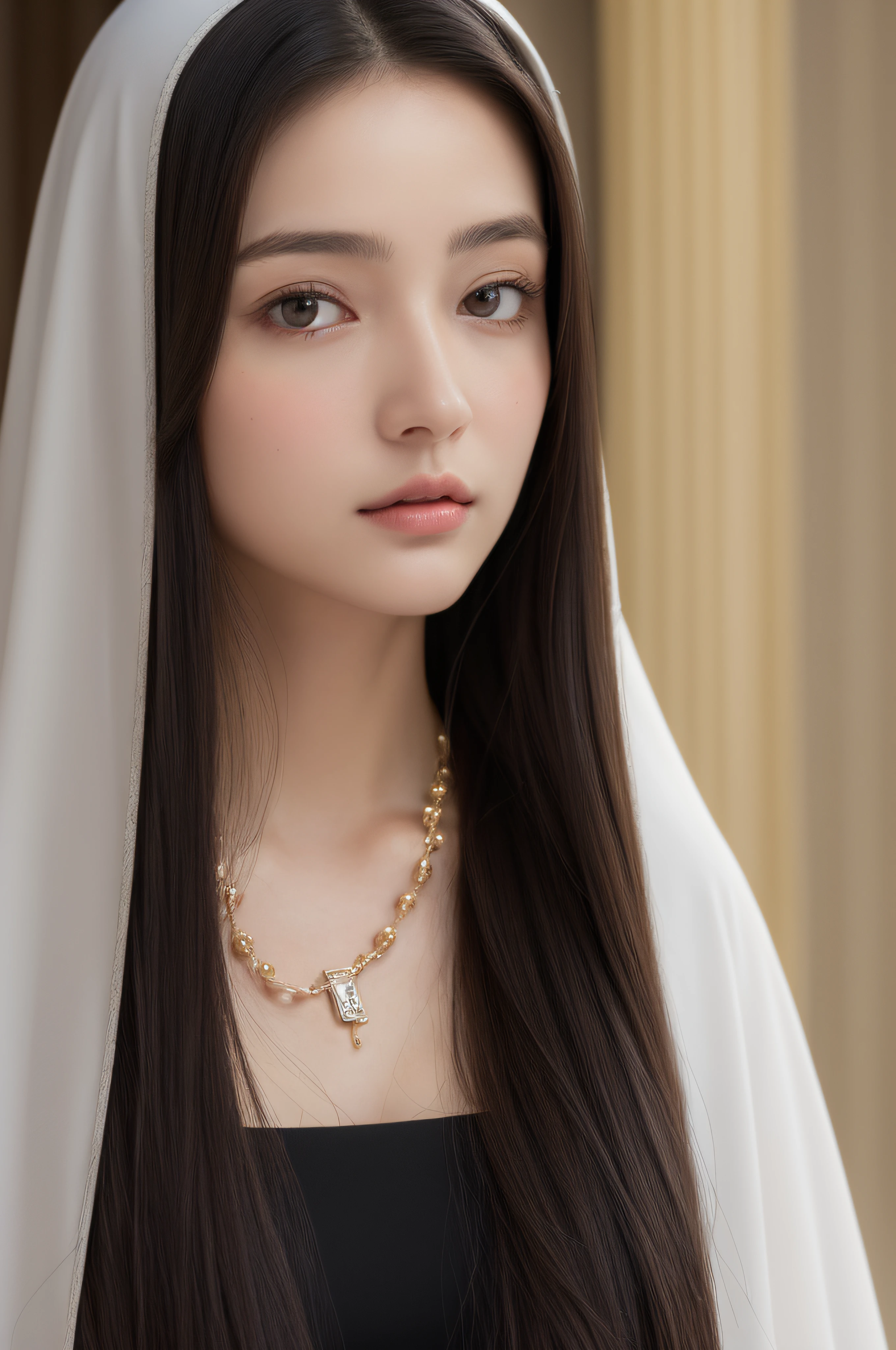 (masuter piece:1.3)、(8K、Photorealsitic、Raw photography、top-quality: 1.4)、(1girl in)、Very beautiful face、(Very realistic face)、(A dark-haired、long:1.3)、Very beautiful hairstyle、Very realistic eyes、Very beautiful details、(Very realistic skin)、Very beautiful skin、absurderes、Very attractive、超A high resolution、A hyper-realistic、high-detail、the golden ratio、finely detail, Perfect dynamic composition, Beautiful detailed eyes, Longhaire, (Nun with cross and rosary in hand in cathedral), (Veiled nun), (Breast bulge 1.2), 25-years old