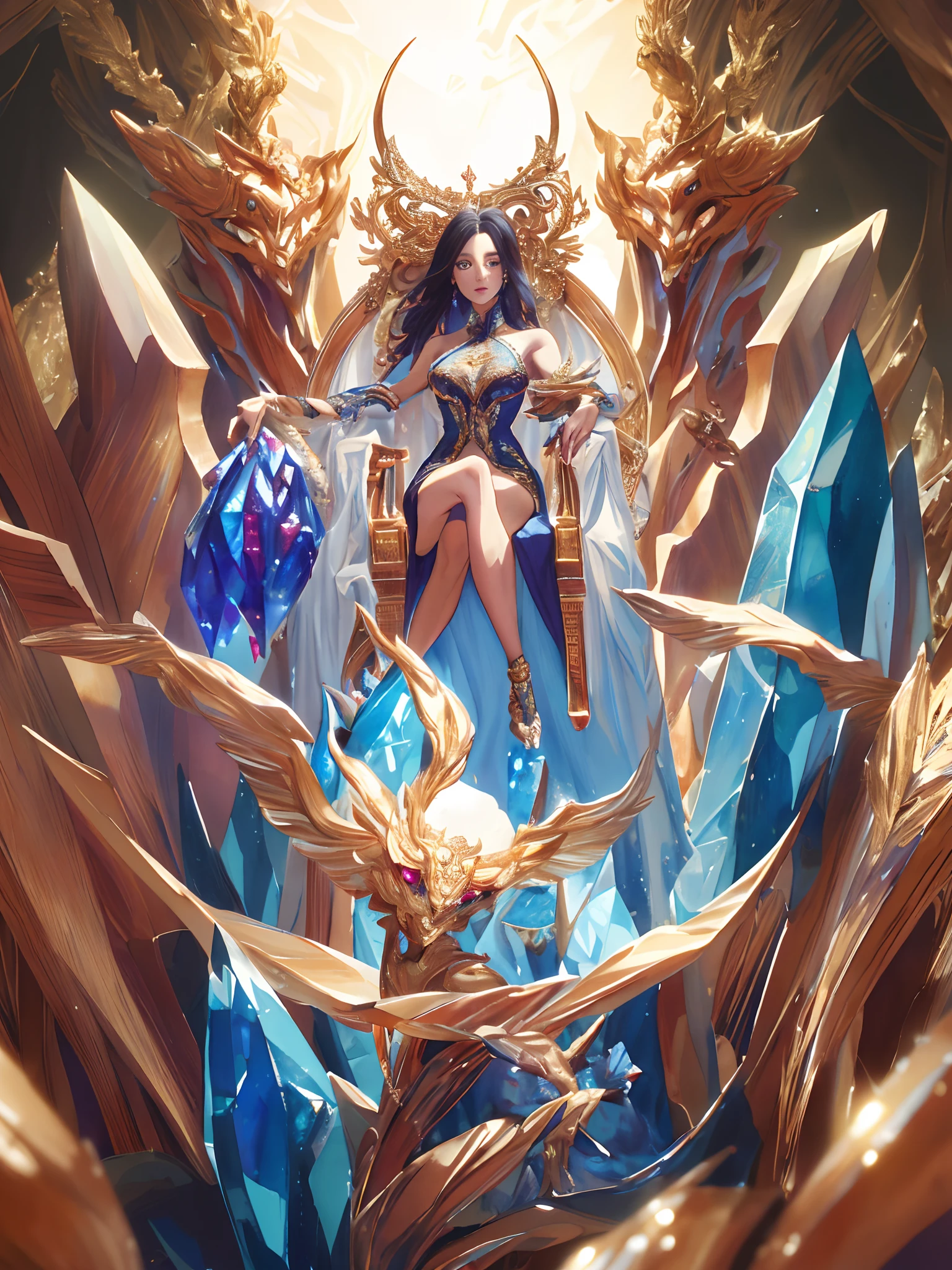 A Chinese girl sitting on a throne, a throne encrusted with precious stones, surrounded by Chinese phoenix beasts, gold and ruby color, unique monster illustration, Dau al set, high resolution, a painting, dense composition, playful repetition, precious stones, crystals, gold, detailed paintings, unique monster illustrations, super fine details, realistic, super high resolution, complex, super detail, (skin dents), cute, feminine, detailed body, (Detailed face: 1.1), (contoured iris), (watercolor lenses), (perfect eyes), 4k, gorgeous, (masterpiece: 1.2), (best quality: 1.2), gorgeous long dress, dynamic pose, rich colors, film light and shadow