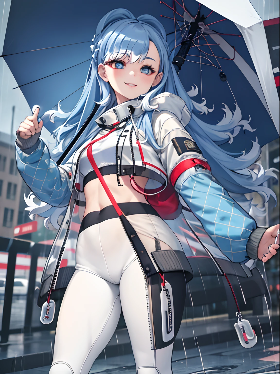 masterpiece, best quality, hd, perfect anatomy, 1girl, solo, KoboBase, see-through jacket, midriff, white jacket, tight pants, sleeves past wrists, open jacket, streets, standing, smile, blue hair, rainy, wet, holding umbrella