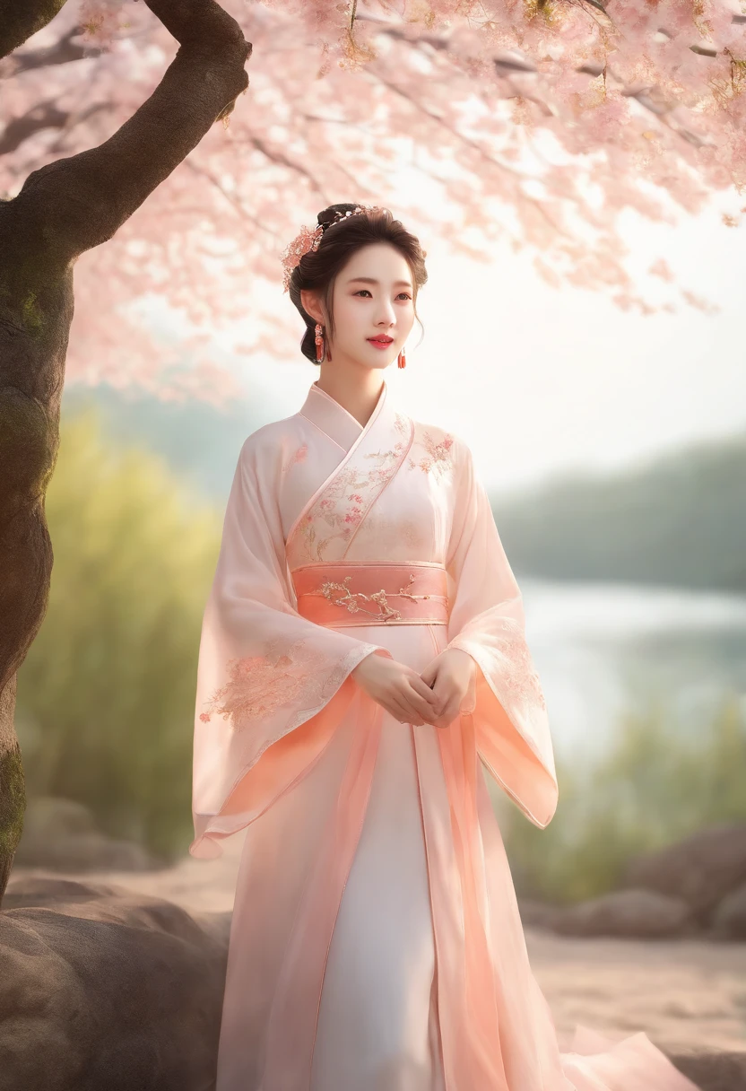 Superb quality, Masterpiece, high resolution, 1girll, Blush, (Charming smile: 0.8), Star eyes, Chinese Hanfu, Hair accessories, jewelry, Beauty, On_Body, Tyndall effect, Realistic, Peach Blossom Forest, light edge, Two-tone lighting, (High detail skin: 1.2), 8K Ultra HD, Digital SLR, Soft light, High quality, Volume lighting, Voyeur, Photo, high resolution, 4K, 8K, Background blur