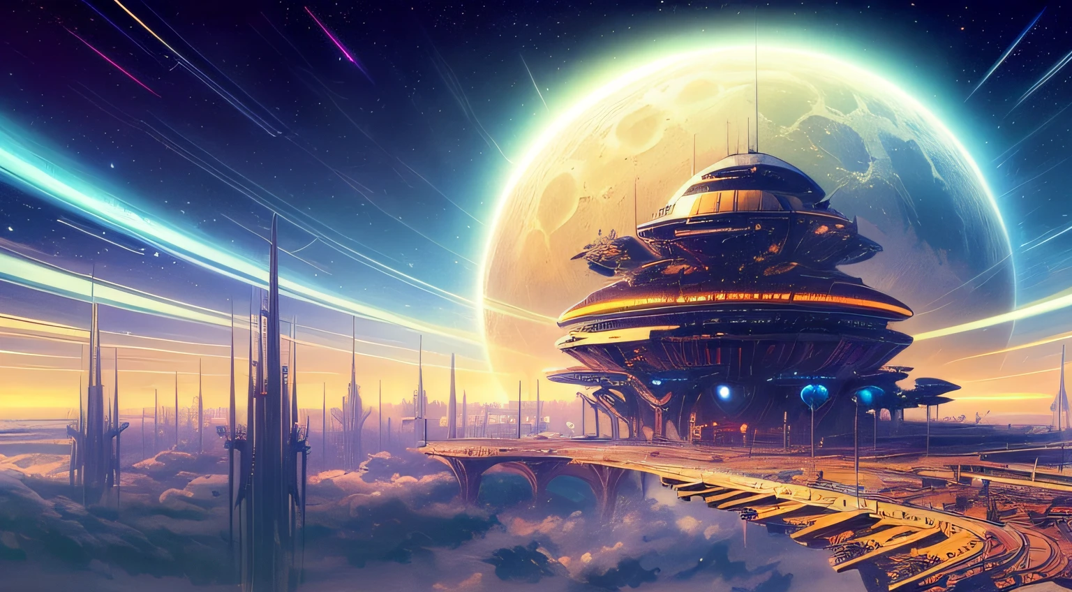 (masterpiece, best quality, beautiful digital art:1.4), a sci-fi space station on the moon, by syd mead and john berkey. science fiction poster. cinematic sci-fi scene. science fiction theme with lightning, aurora lighting. clouds and stars. smoke. futurism. fantasy. carl spitzweg. baroque elements. baroque element. intricate artwork by caravaggio, wallpaper, 8k