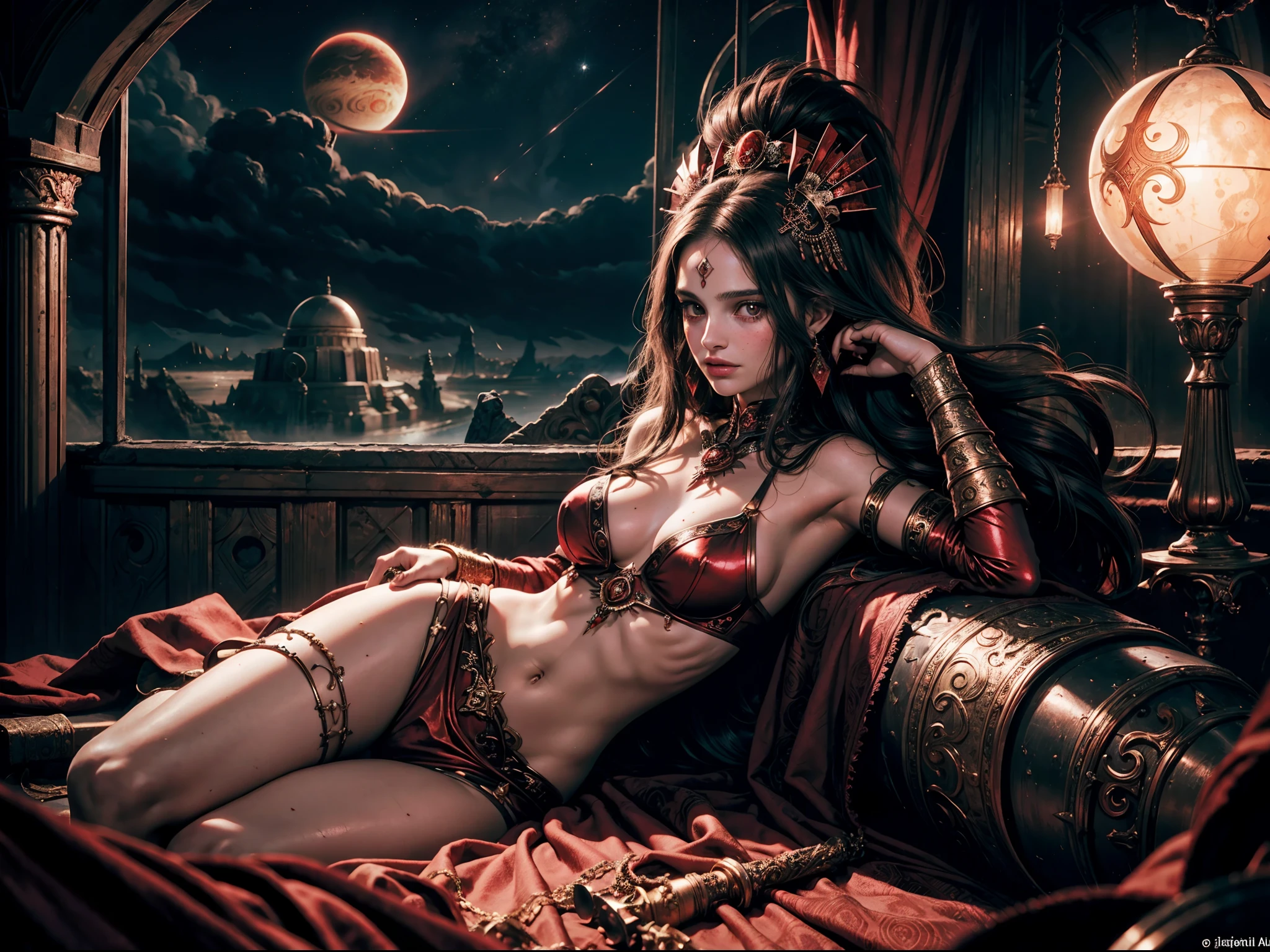 1970's dark fantasy heavy metal. teen natalie portman as a red priestess girl. gentle smile. (Jupiter night desolation). freckles. slender and beautiful. intricate detail. sitting.