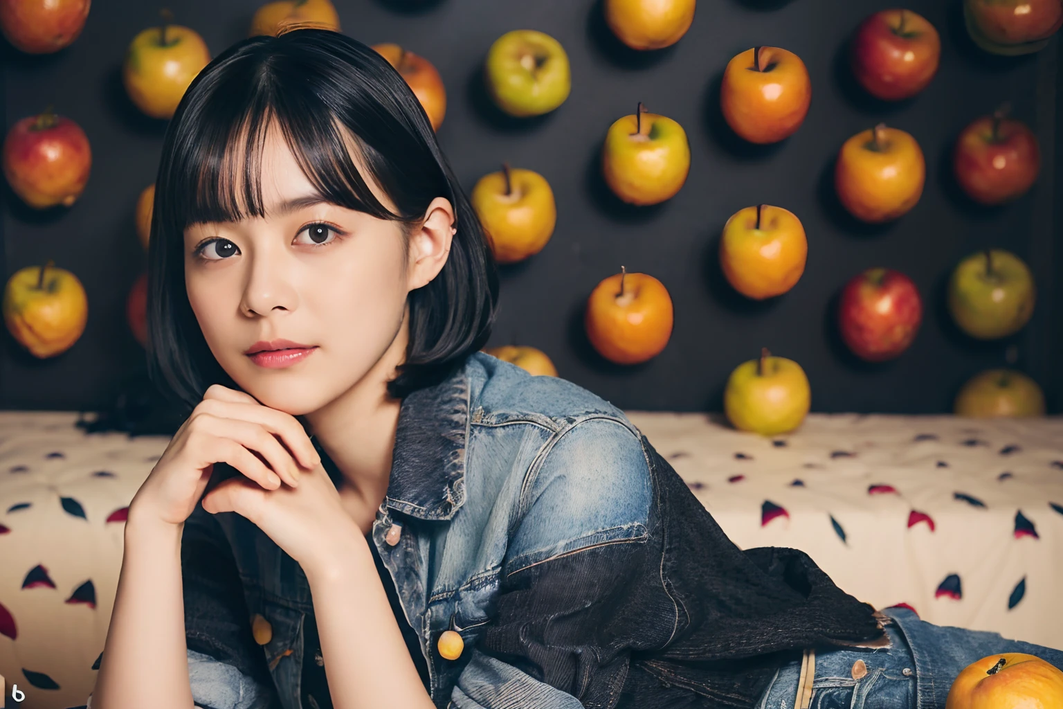 (Black Shorthair:1.3),  (a 20 yo woman), (A hyper-realistic), (Masterpiece), (8KUHD), Looking at the camera, jeans, (Clothes with fruit pattern:1.3), large full breasts, (Fruit in the hair), living dining