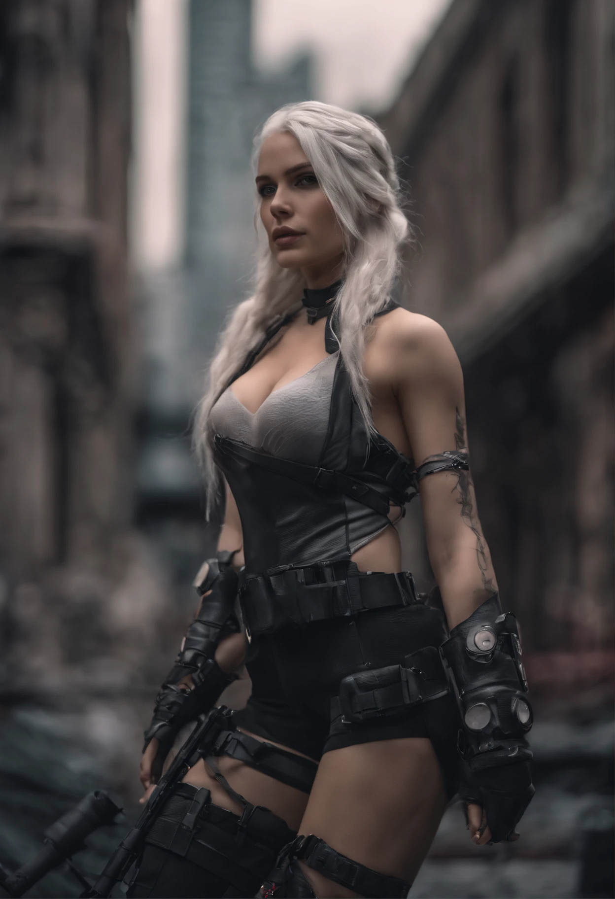 a beautiful woman with white hair,braided hair, pink skin, long hair, young model,nud, defined beautiful face,nfsw, perfect body, looking to the camera, apocalyptic scene, apocalyptic city, night, (((photography erótic))), intricate details, hyper realistic, posing, full body, nier automata 2b, Camera Nikon Z9 & Nikkor 50mm f/1.2S Settings: 50mm / 1/80s / F1,2 / ISO 500, Light Godox TL60 x2, HDR, 8k