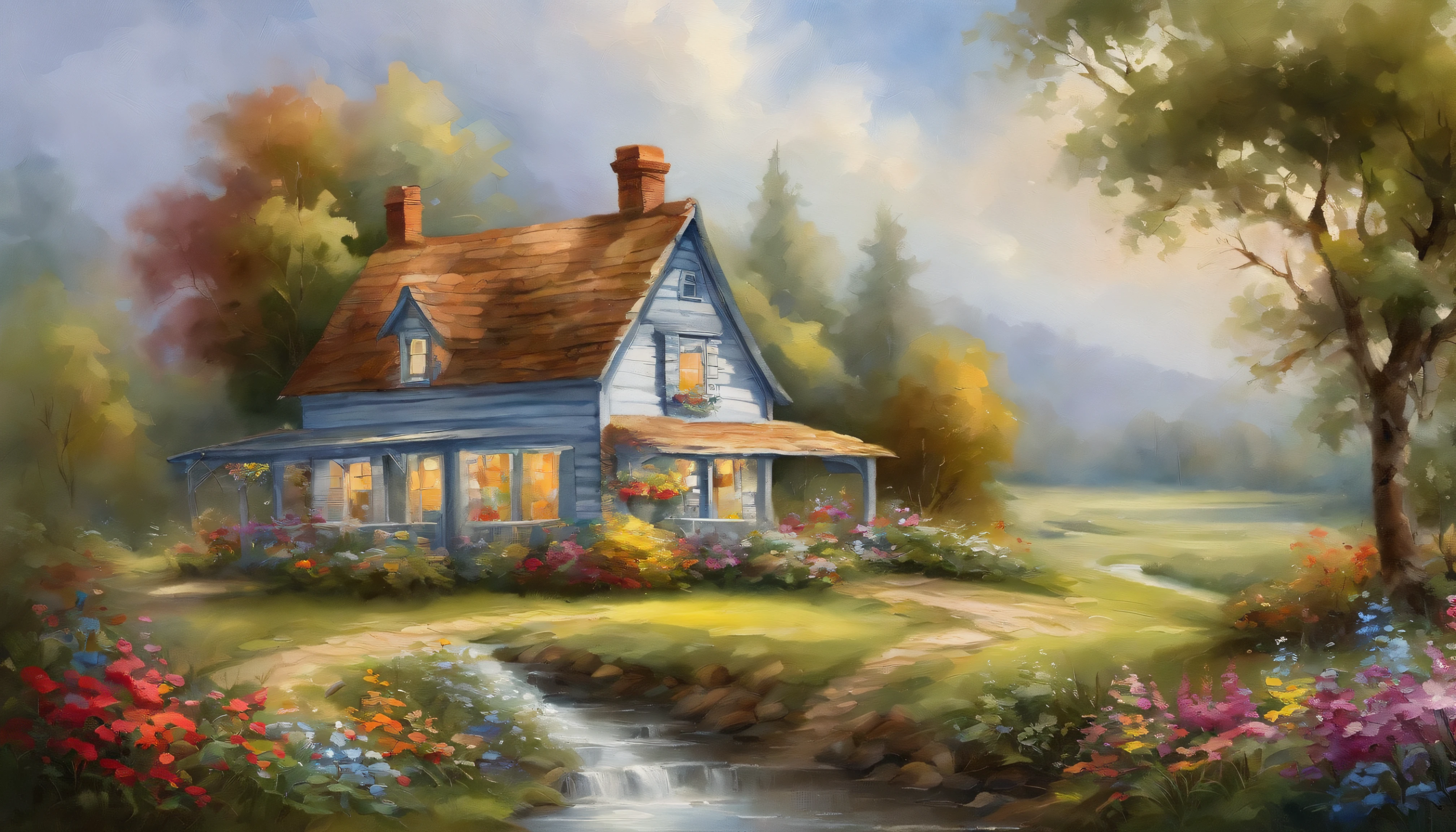 Realistic, authentic, a cottage under the tree, beside the stream, fence along the road, flowers, beautiful and amazing landscape oil painting Studio Thomas Kinkade #39;s petal grassland with blue sky and white clouds --v6