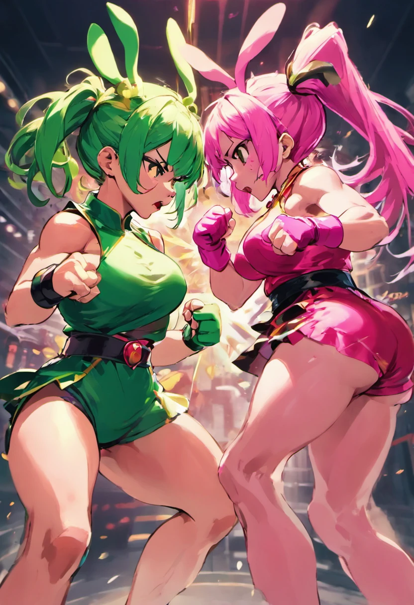 Pink rabbit girl and green hair girl,(Fighting stance,Face punch),Face to face,angry,Facing each other,Street Fighter 2、Cross Counter Rocky 2、Glaring at each other、Infight