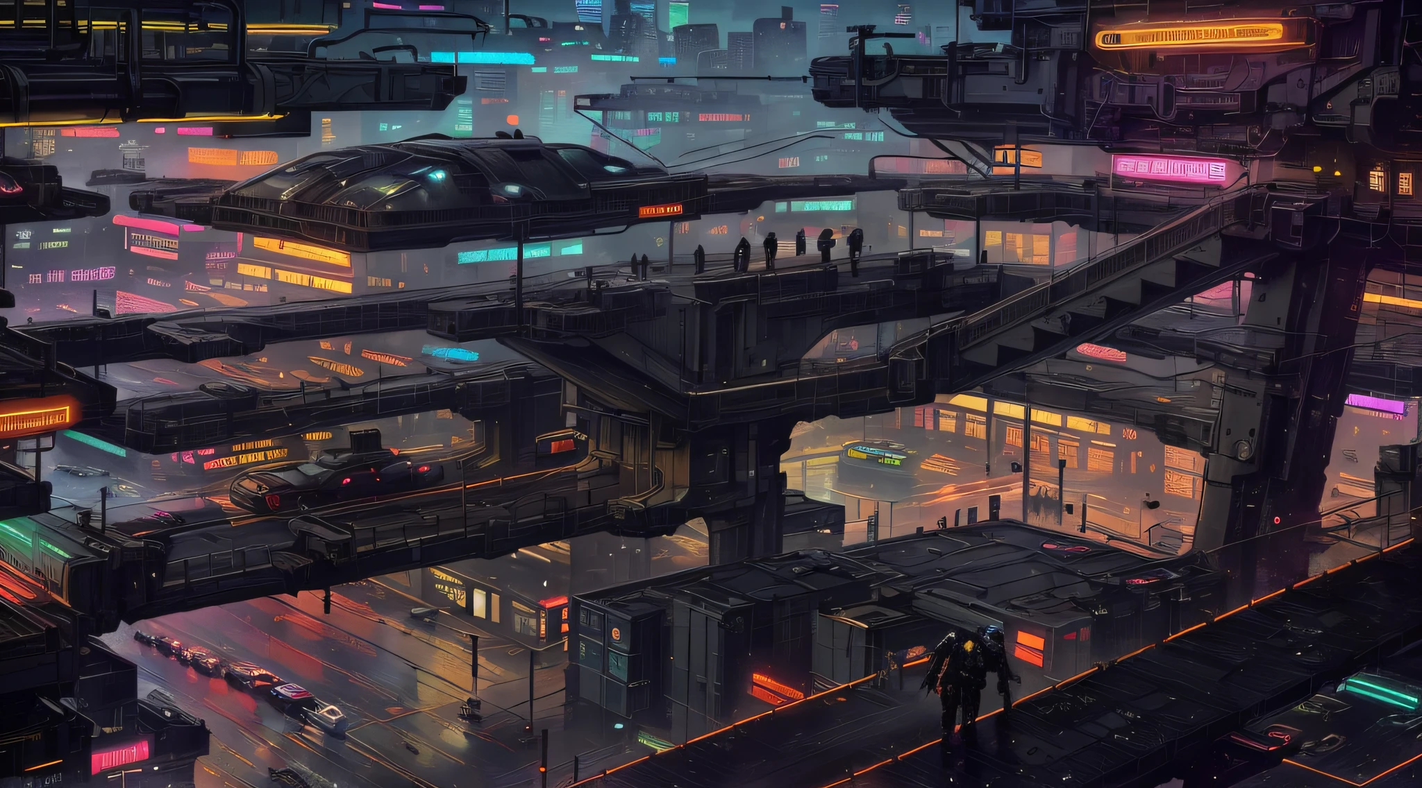 Create a photo-realistic image of a cyberpunk city at night. The main focus of the image should be the dense and complex multi-level street layout, with bridges, ramps, tunnels and stairs connecting different levels. The street layout should show the diversity and creativity of the city’s inhabitants. The image should also show some neon lights of various colors and shapes. The image should have some steamy channel covers, emitting fog and smoke into the air. The image should have a dark and gritty atmosphere, showing the contrast between the high-tech and the low-life. rain effects,wet and gloomy mood. people, vehicles, robots and drones moving around, less prominent than the street layoutcybernetic enhancements, prosthetic limbs, implants, goggles