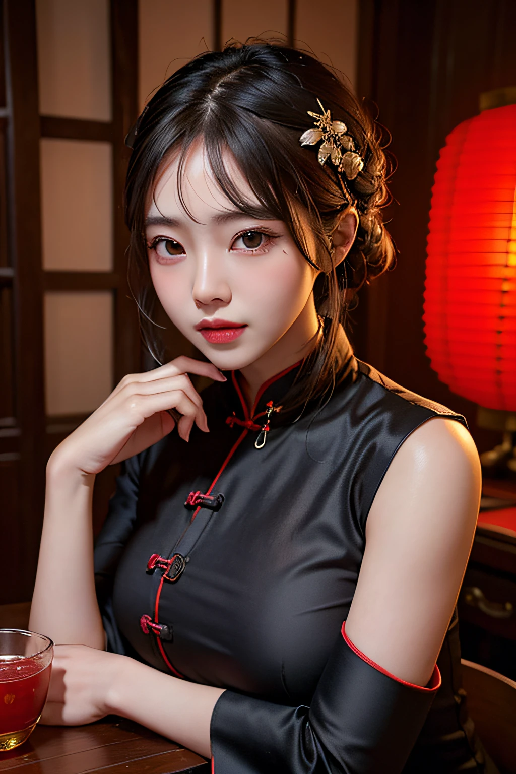 1girl, in china old houses, lantern lights, soft lights, upper body,close-up, 8k, RAW photo, best quality, masterpiece,realistic, photo-realistic, big tits, cheungsam, qipao,