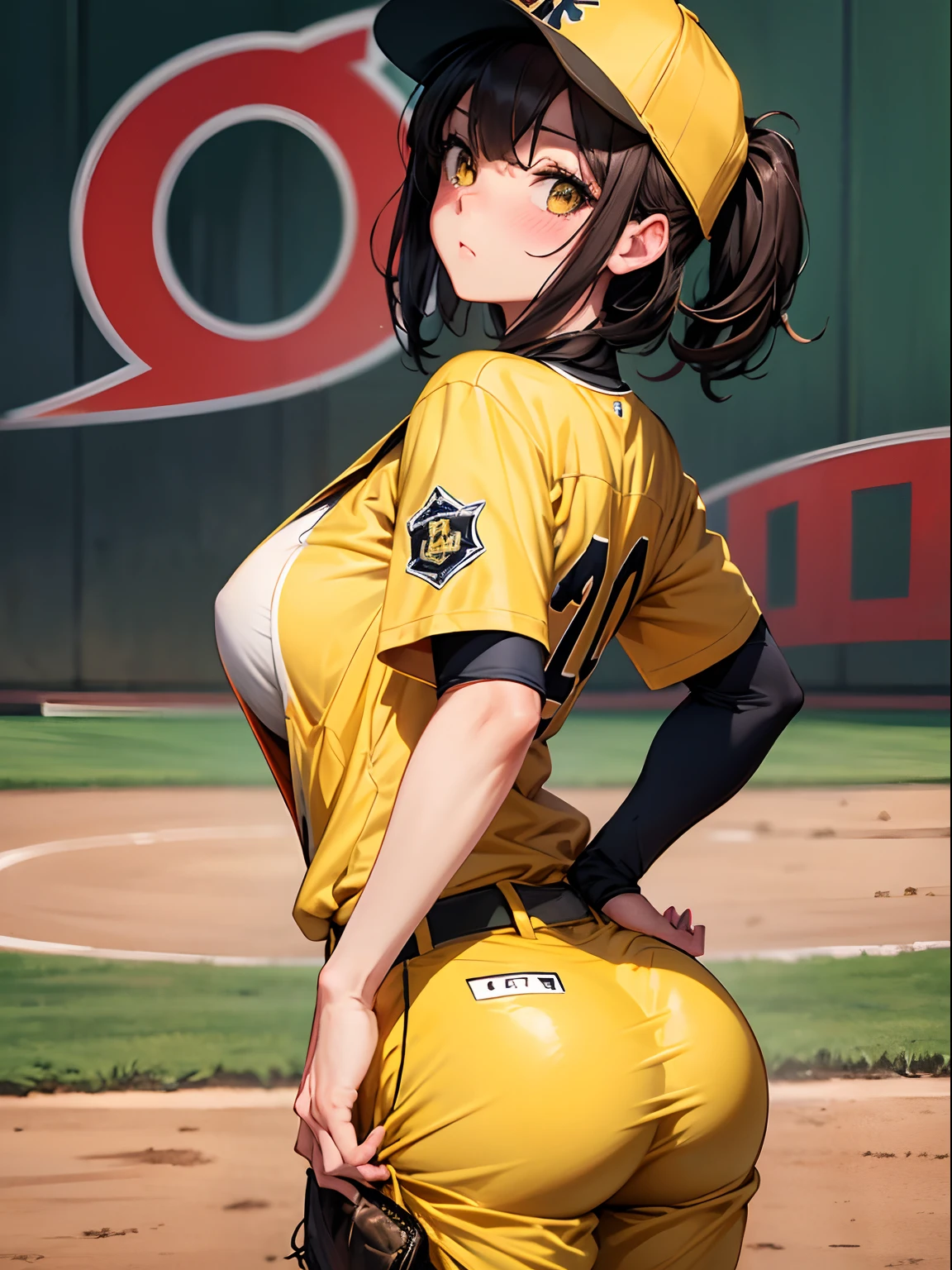 upturned ass,baseball,baseball uniform、Yellow and black uniform,large full breasts,Show the subject from behind,red blush, (grab own butt),(hands on own ass),Spread over this, Stretch your buttocks,
