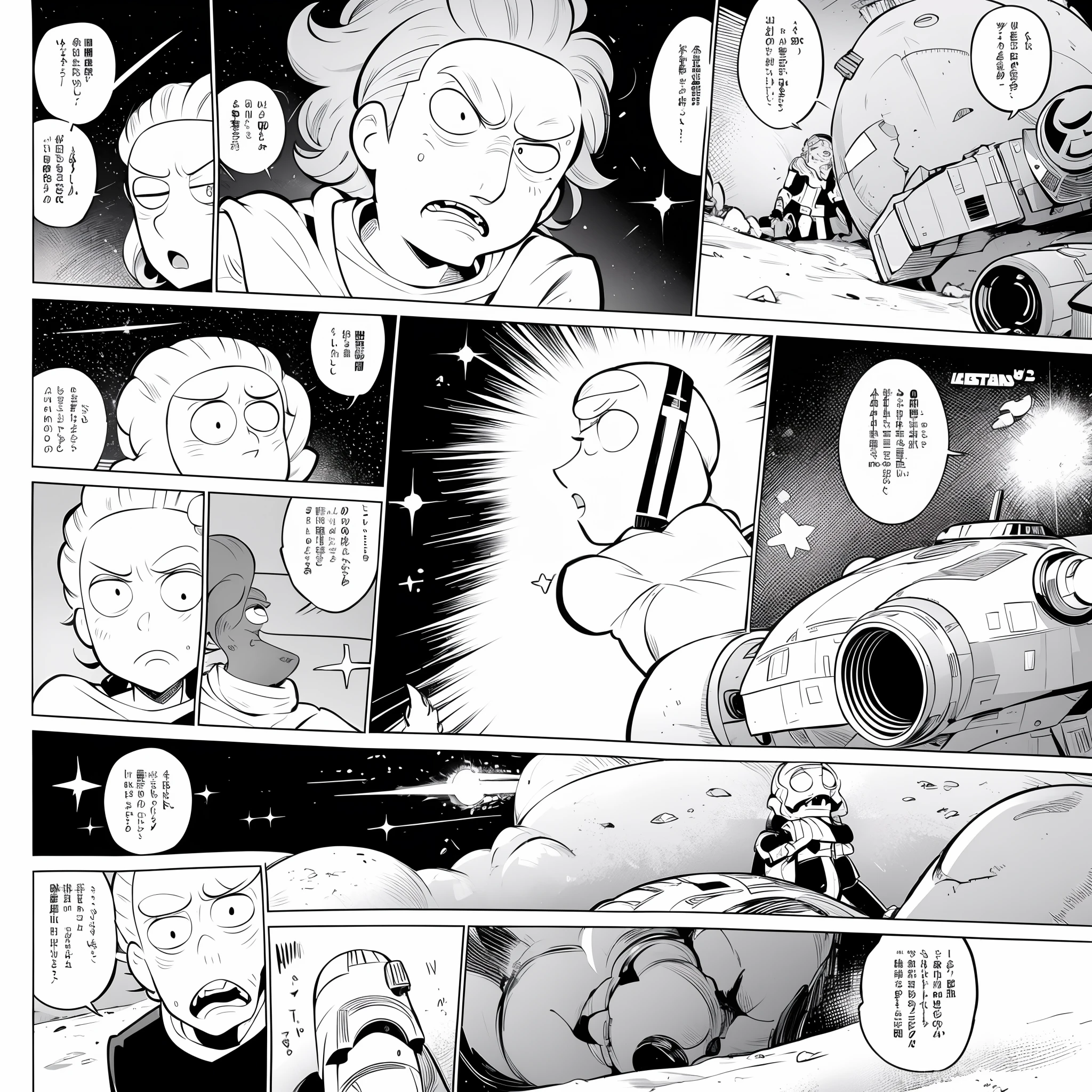 Rick and Morty,Black and white 4-panel comic,Star Wars theme,Tense plot