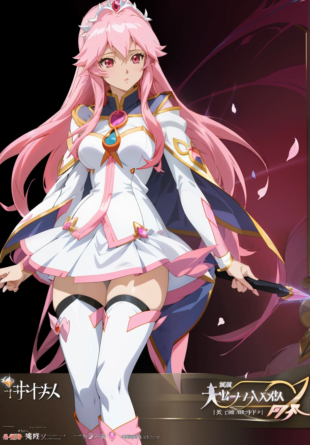 Anime girl wearing white dress,Long pink hair and a sword, Anime goddess, freya, Kushatt Krenz Key Art Women, offcial art, official character art, full portrait of elementalist,, rei hino as a princess, alchemist girl, the wallpaper!, Official anime artwork, female anime character, Female action anime girl