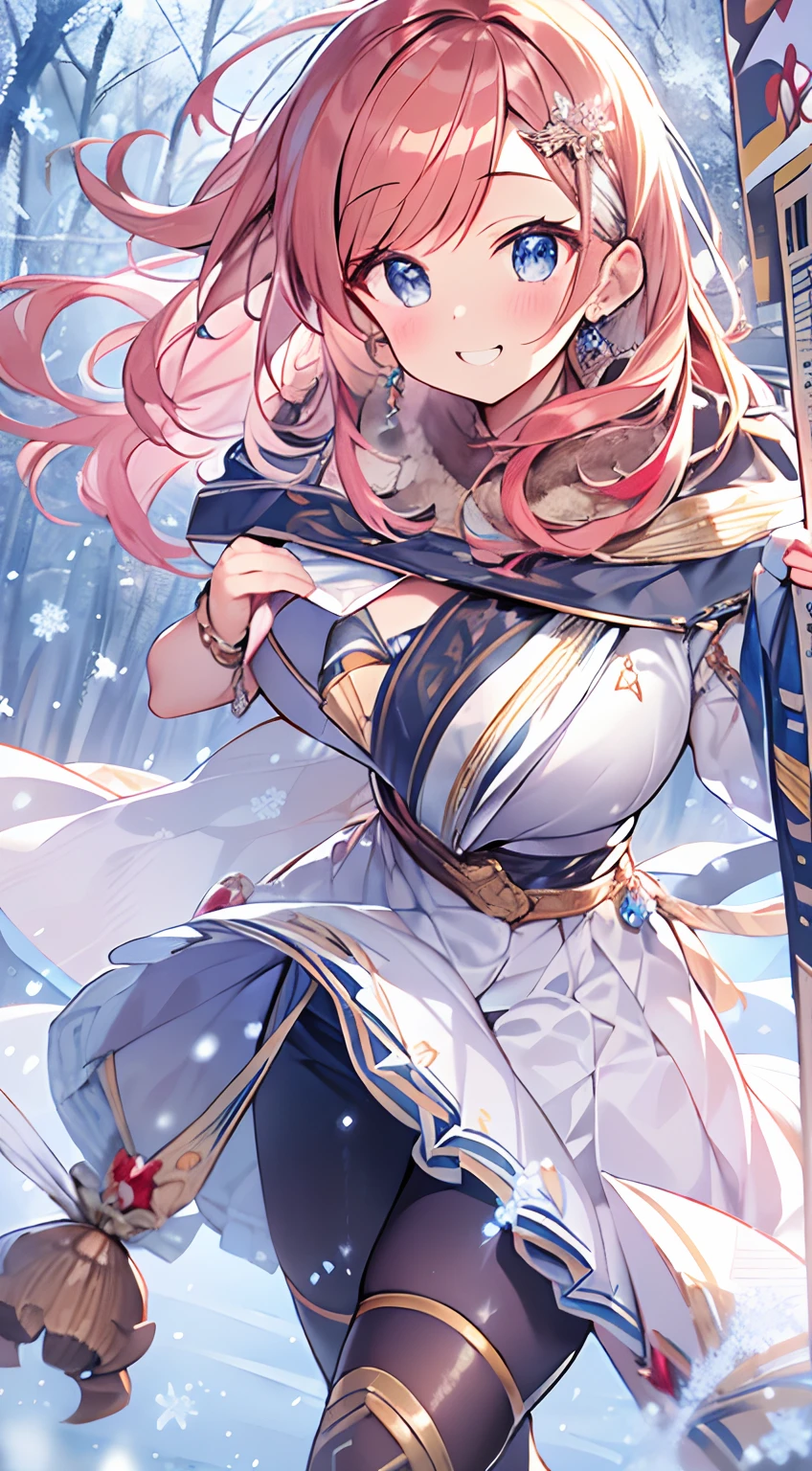 masutepiece, Best Quality,Illustration, Wallpaper, ultra -detail, Absurd beauty, 1beautiful girl、Bright hair color、Glitter and big eyes、Hair fluttering in the wind、ample breasts、♡、Smaller head、Winter scene、miscievous smile、bustup