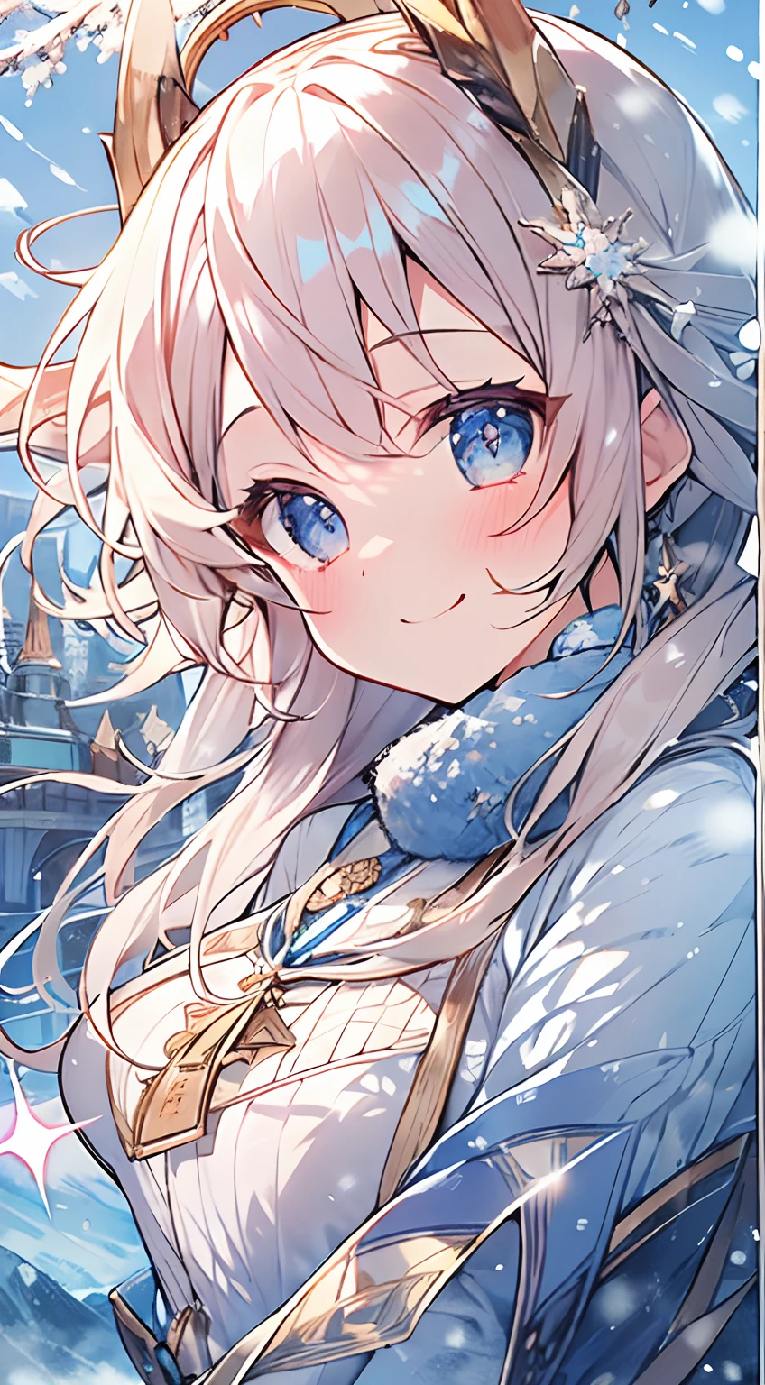 masutepiece, Best Quality,Illustration, Wallpaper, ultra -detail, Absurd beauty, 1beautiful girl、Bright hair color、Glitter and big eyes、Hair fluttering in the wind、ample breasts、♡、Smaller head、Winter scene、miscievous smile、bustup