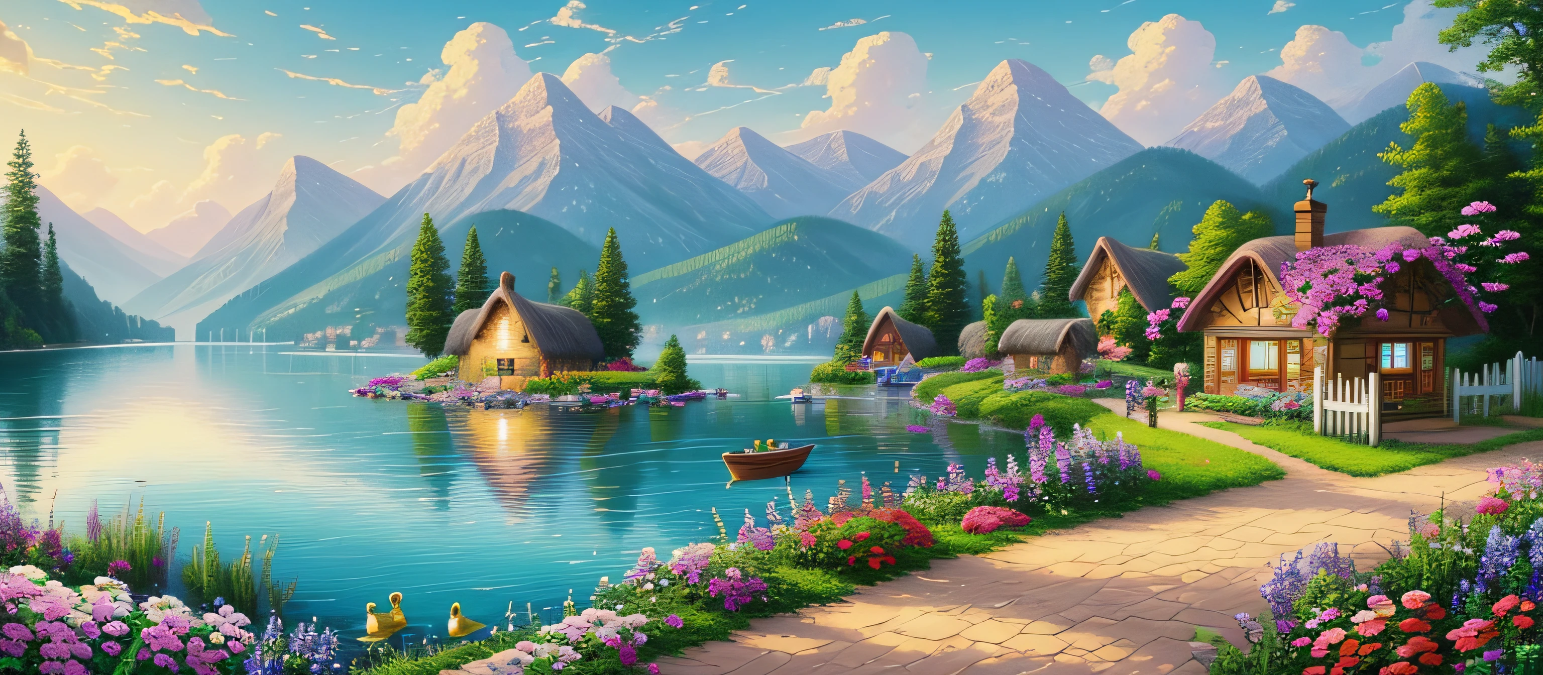 painting of a cottage, flowers beside of fence, fence along the road, ducklings in the water, mountain landscape with a lake and a boat, illustration matte painting, inspired by Thomas Kinkade, symmetric matte painting, detailed scenery , style raw, 8 k ultra detailed