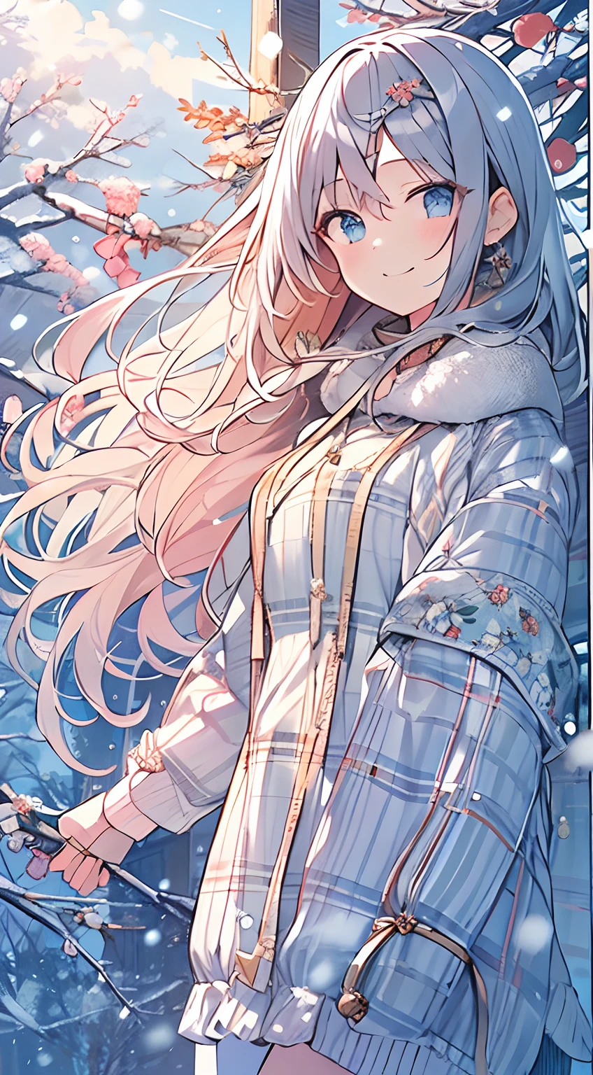 masutepiece, Best Quality,Illustration, Wallpaper, ultra -detail, Absurd beauty, 1beautiful girl、Bright hair color、Glitter and big eyes、Hair fluttering in the wind、ample breasts、♡、Smaller head、Winter scene、miscievous smile、bustup