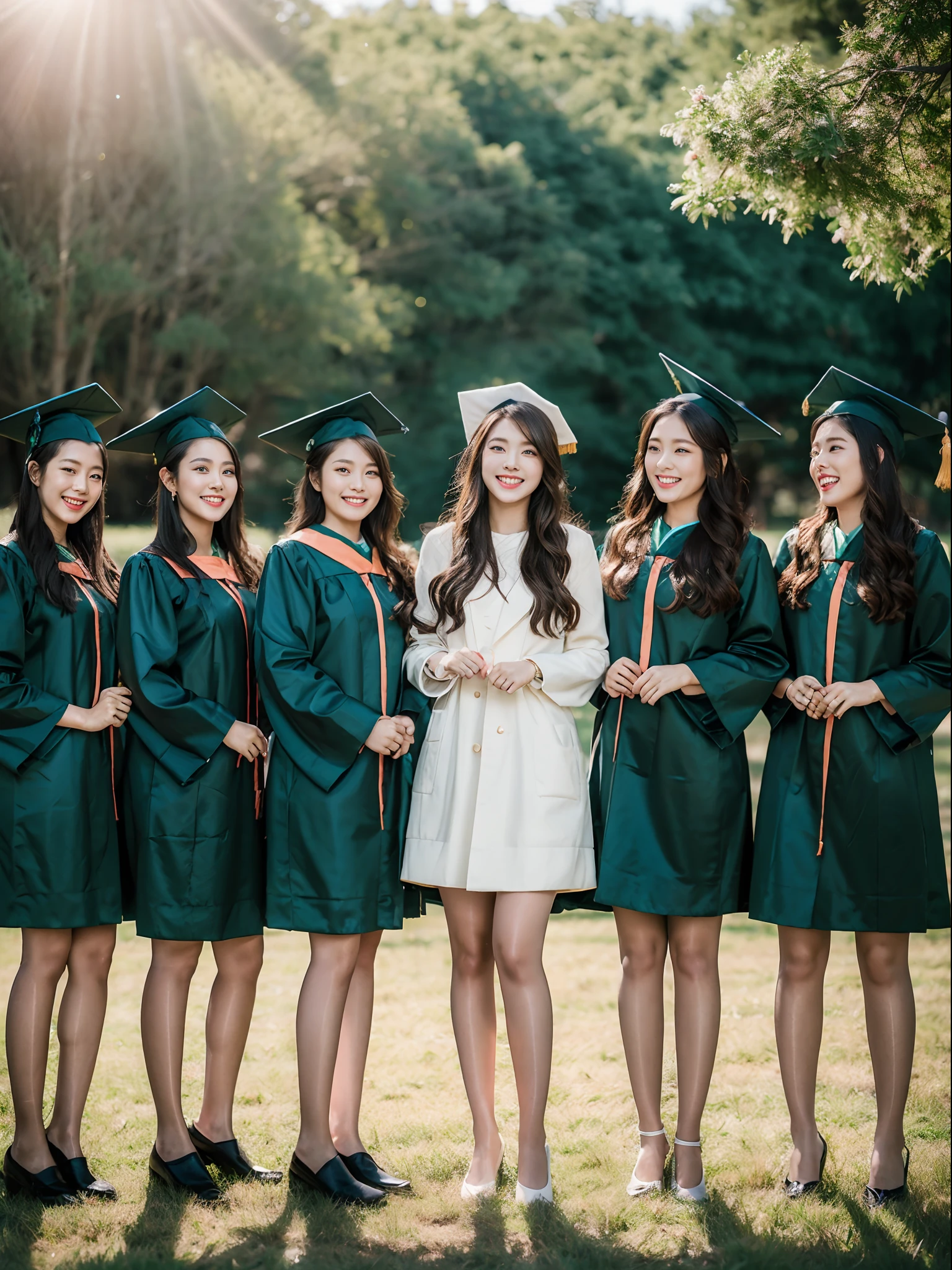 (RAW photo, full body:1.2), (Photorealistic:1.4),Beautiful detailed woman, very detailed eyes and faces, A detailed eye, ultra - detailed, A high resolution, very detailed, best quality, unified, 8k, masterpiece, best quality,A group of girls posing for a group photo, graduation gown with graduation hat, black pantyhose, slender bodyline, black footwear, wide smile, standing, bright lighting, day time, korean style makeup, green fields, celebration mood, candid, laughing