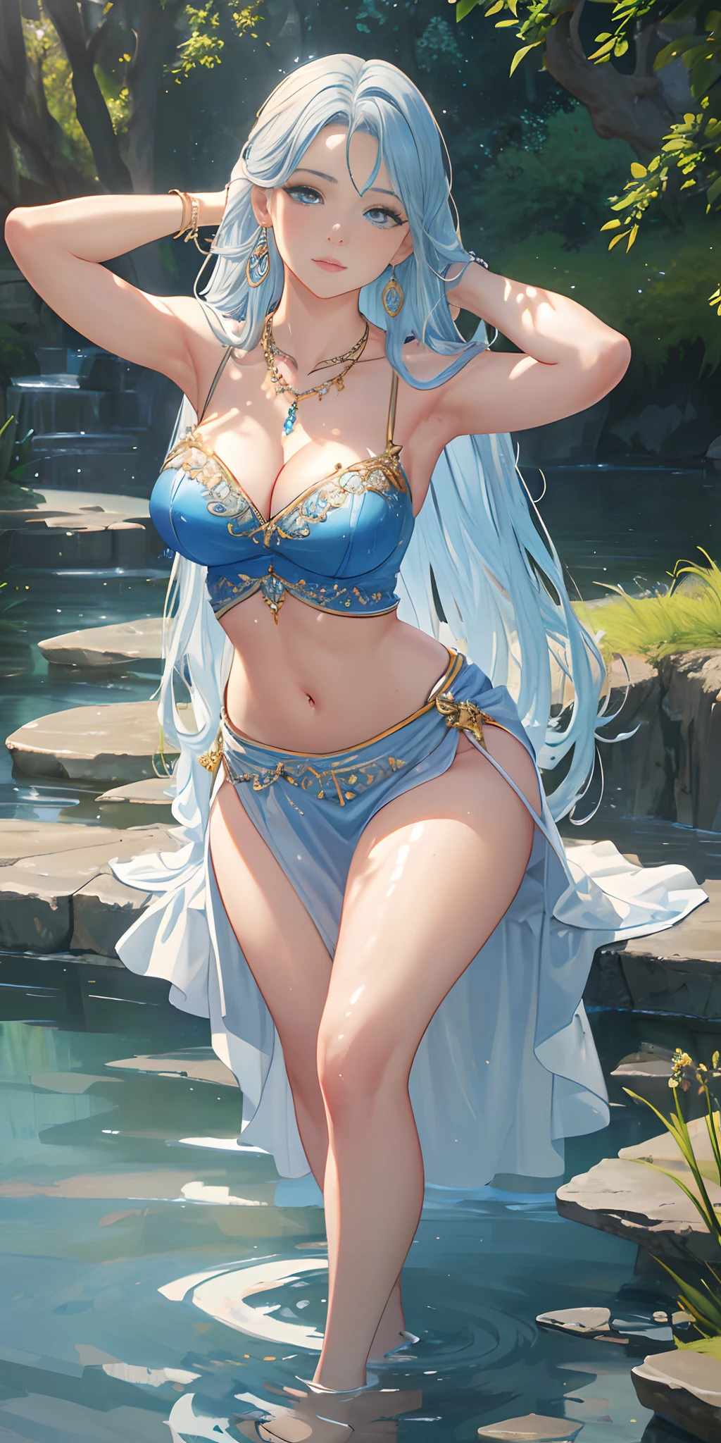 Waterland, bend at the waist, bend down and look at viewer, (photorealistic:1.4), (masterpiece, front lighting, finely detailed beautiful eyes: 1.2), masterpiece*portrait, realistic, 3d face, glowing eyes, shiny hair, lustrous skin, solo, embarrassed, (midriff), absolute_cleavage, necklace, sapphire_earrings