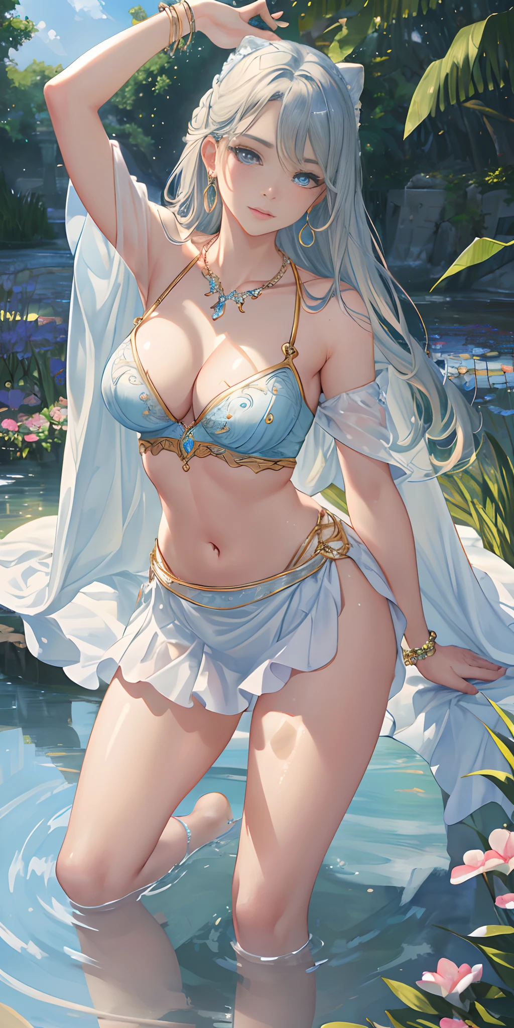 Waterland, bend at the waist, bend down and look at viewer, (photorealistic:1.4), (masterpiece, front lighting, finely detailed beautiful eyes: 1.2), masterpiece*portrait, realistic, 3d face, glowing eyes, shiny hair, lustrous skin, solo, embarrassed, (midriff), absolute_cleavage, necklace, sapphire_earrings