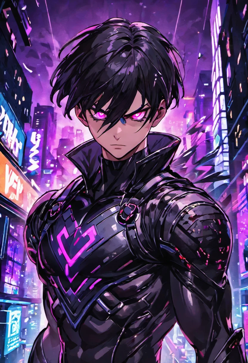 Closeup photograph, confident young cyberpunk male superhero in black costume,cyber night city in background