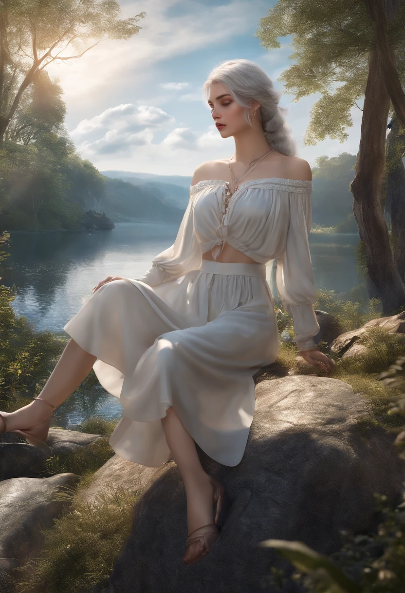 (Best quality,8K,Ultra-detailed,Masterpiece:1.2),Smooth and delicate skin,Blue-toned eyes, Cinematic lighting,Beautiful detailed face, Ultra-fine painting, Cinematic lighting,Solo, Sparkling silver hair, Waist-length hair with knots, White cropped shirt, beret, Off-the-shoulder, mitts, exposed waist, Shorts, Sitting on a large rock, Blue sky, forest, Joyful laughter, Youthful demeanor