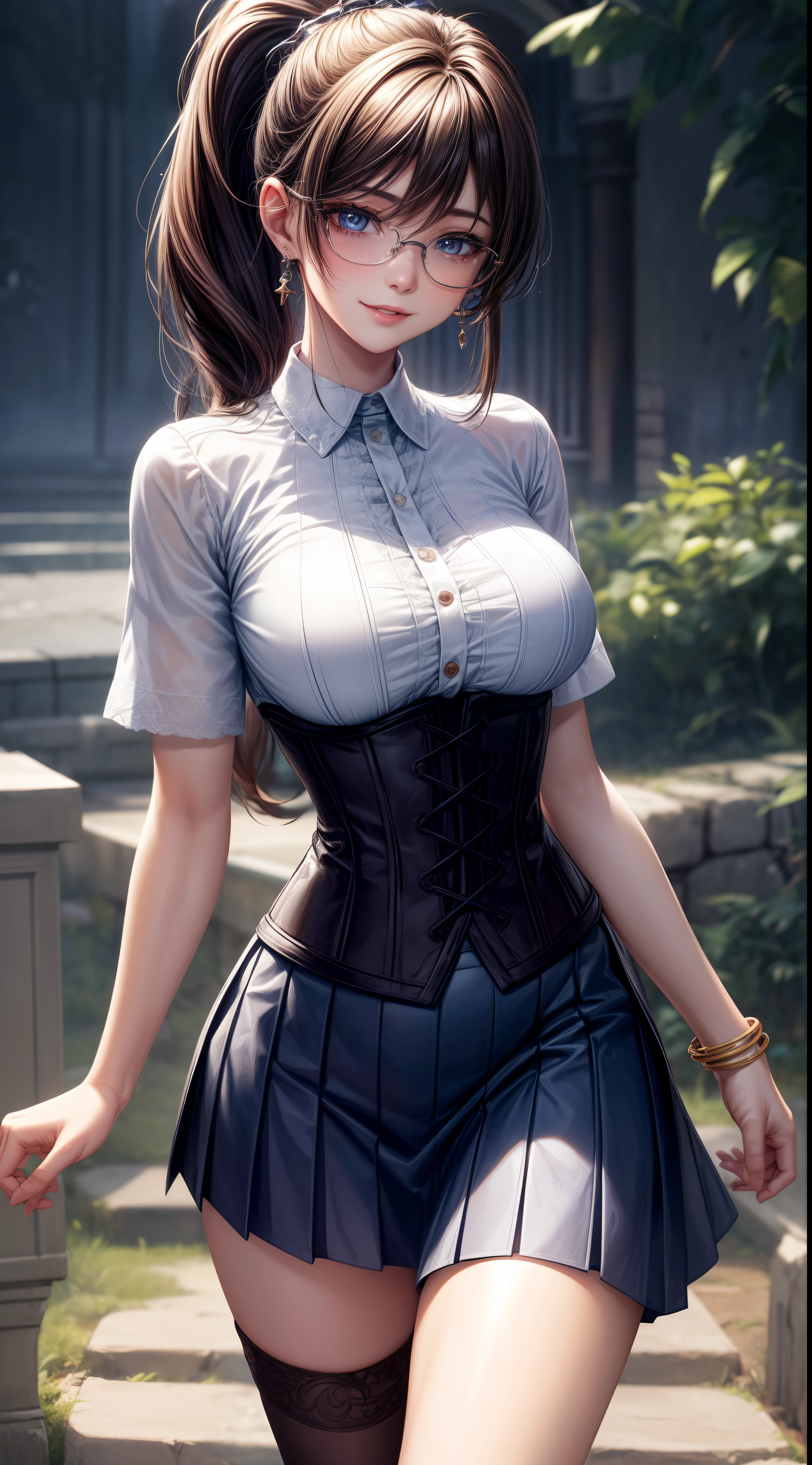 8K, masutepiece, Raw photo, Best Quality, Photorealistic, Highly detailed CG Unity 8k wallpaper, depth of fields, Cinematic Light, Lens Flare, Ray tracing, (Extremely beautiful face, Beautiful lips, Beautiful eyes), intricate detail face, ((Ultra detailed skin)) 1girl in, In the Dark, deepshadow, Pretty Korean girl, Kpop Idol, 1 girl, (Very slim and slender fit muscular body:1.3), ((Looking at Viewer)),(Big smile:1.3), (Blurred background),(No people in the background:1.3), Beautiful earrings, Bracelets, Clear eyes, Walking, (pale skin), (Big eyes), Face forward, (Brown hairs), (Full body shot), , ((Blue high-waisted skirt)), , (Looking at Viewer:1.3) opened breast, Very slim, medium breasts, ass forcus, Before the eyebrows, thick thighs((whiteshirt:1.3)), (double-breasted,Underbust:1.2), Short sleeves, buttonGap,Frameless glasses,Corset Belt,Beautiful ponytail,a blond,
