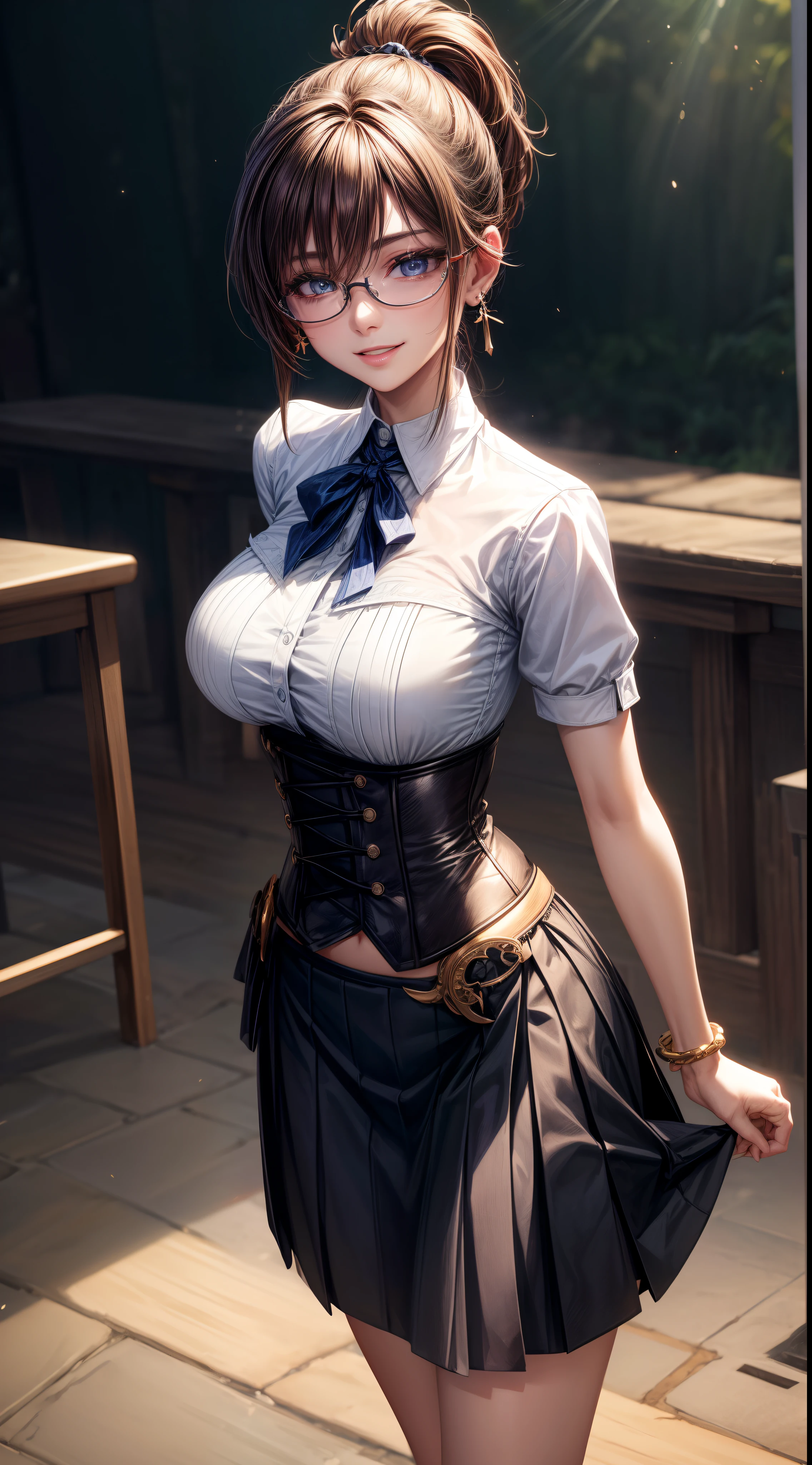 8K, masutepiece, Raw photo, Best Quality, Photorealistic, Highly detailed CG Unity 8k wallpaper, depth of fields, Cinematic Light, Lens Flare, Ray tracing, (Extremely beautiful face, Beautiful lips, Beautiful eyes), intricate detail face, ((Ultra detailed skin)) 1girl in, In the Dark, deepshadow, Pretty Korean girl, Kpop Idol, 1 girl, (Very slim and slender fit muscular body:1.3), ((Looking at Viewer)),(Big smile:1.3),  (Blurred background),(No people in the background:1.3), Beautiful earrings, Bracelets,  Clear eyes, Walking, (pale skin), (Big eyes), Face forward, (Brown hairs), (Full body shot), , ((Blue high-waisted skirt)), , (Looking at Viewer:1.3) opened breast, Very slim, medium breasts, ass forcus, Before the eyebrows, thick thighs((whiteshirt:1.3)), (double-breasted,Underbust:1.2), Short sleeves, buttonGap,Frameless glasses,Corset Belt,Beautiful ponytail,a blond,